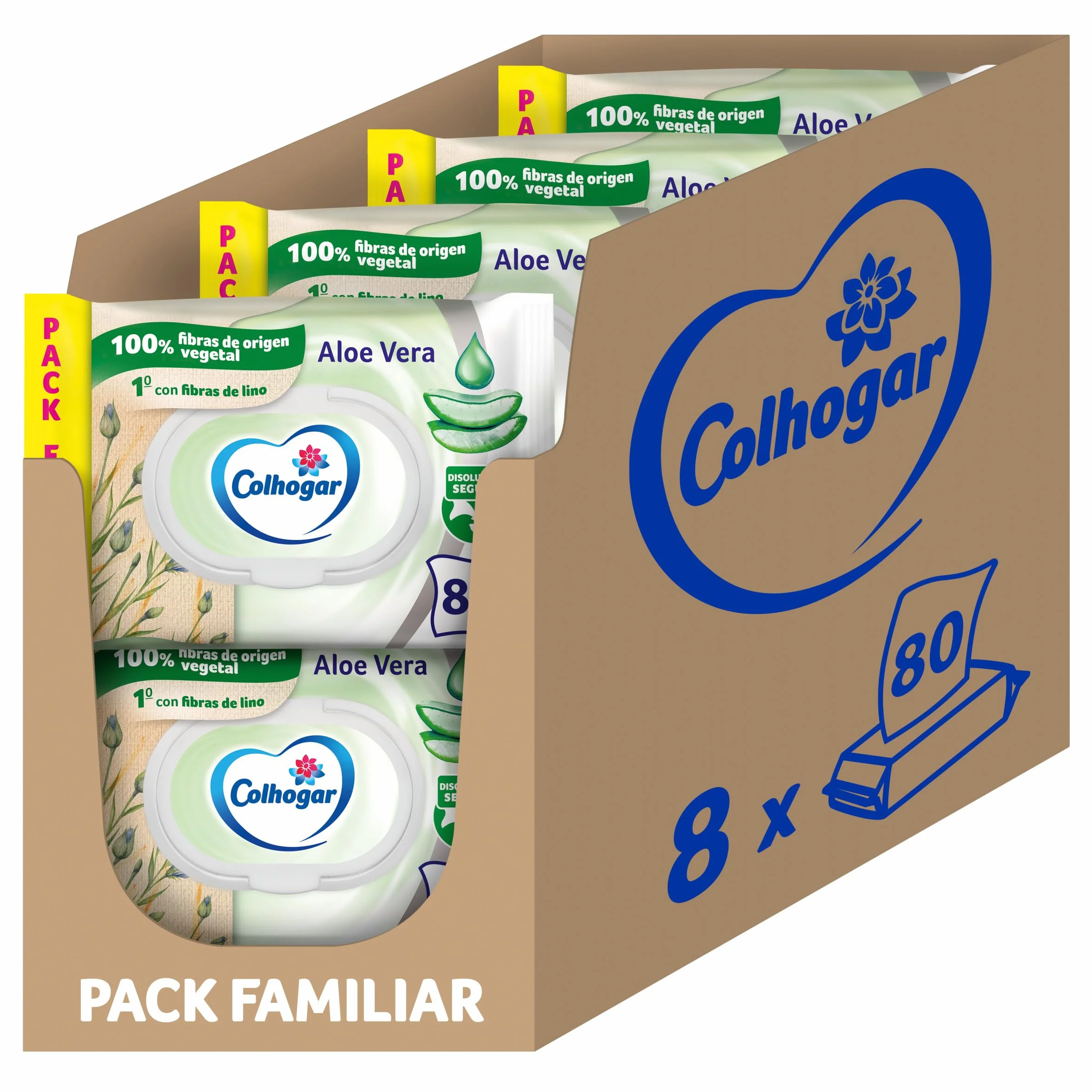 Colhogar Aloe 8x80 - papier toaletowy Jednorazowy na mokro z ekstraktem z aloesu - Bez alkoholu - Testowany dermatologicznie - Opakowanie z 640 chusteczkami na WC