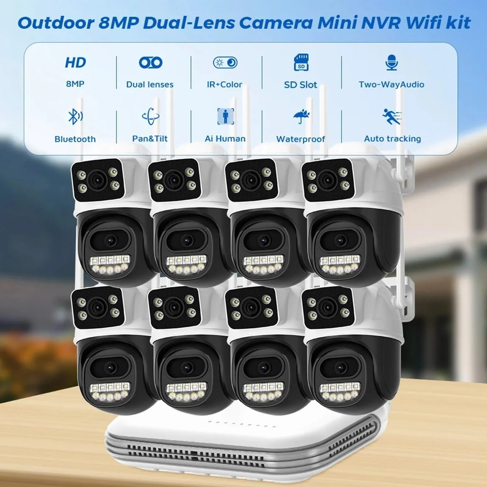 Kamera IP 8MP z dźwiękiem WiFi, zewnętrzna, 8-kanałowa, mini kamera NVR, zestaw do monitoringu CCTV, bezprzewodowy system kamer noktowizorem na podczerwień,Spokój ducha zawsze(1T,8pcs)