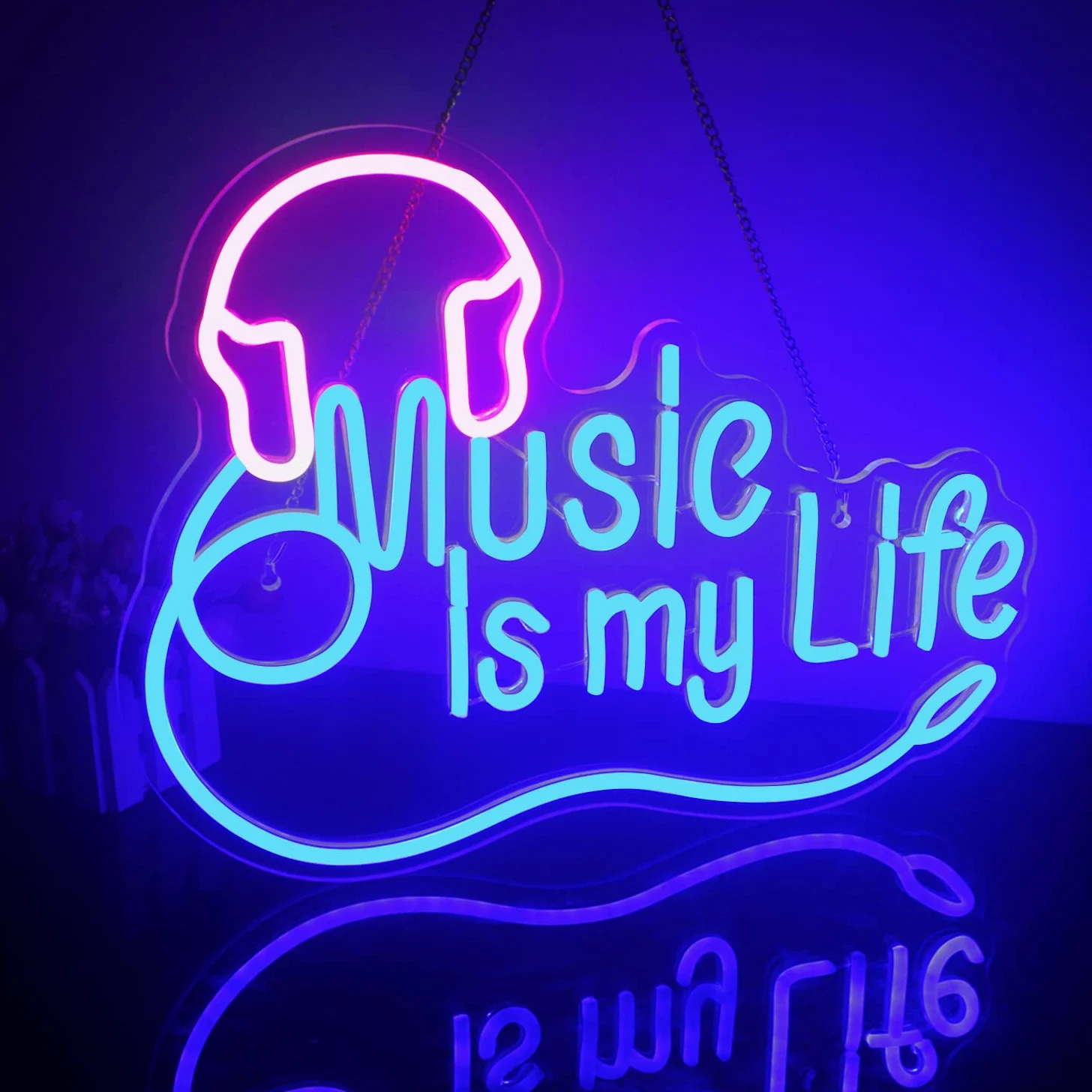 Looklight Music Is My Life Neonowy znak świetlny do dekoracji ścian, możliwość przyciemniania, różowe, niebieskie neonowe znaki LED ze słuchawkami do sypialni, studia muzycznego, klubu barowego i