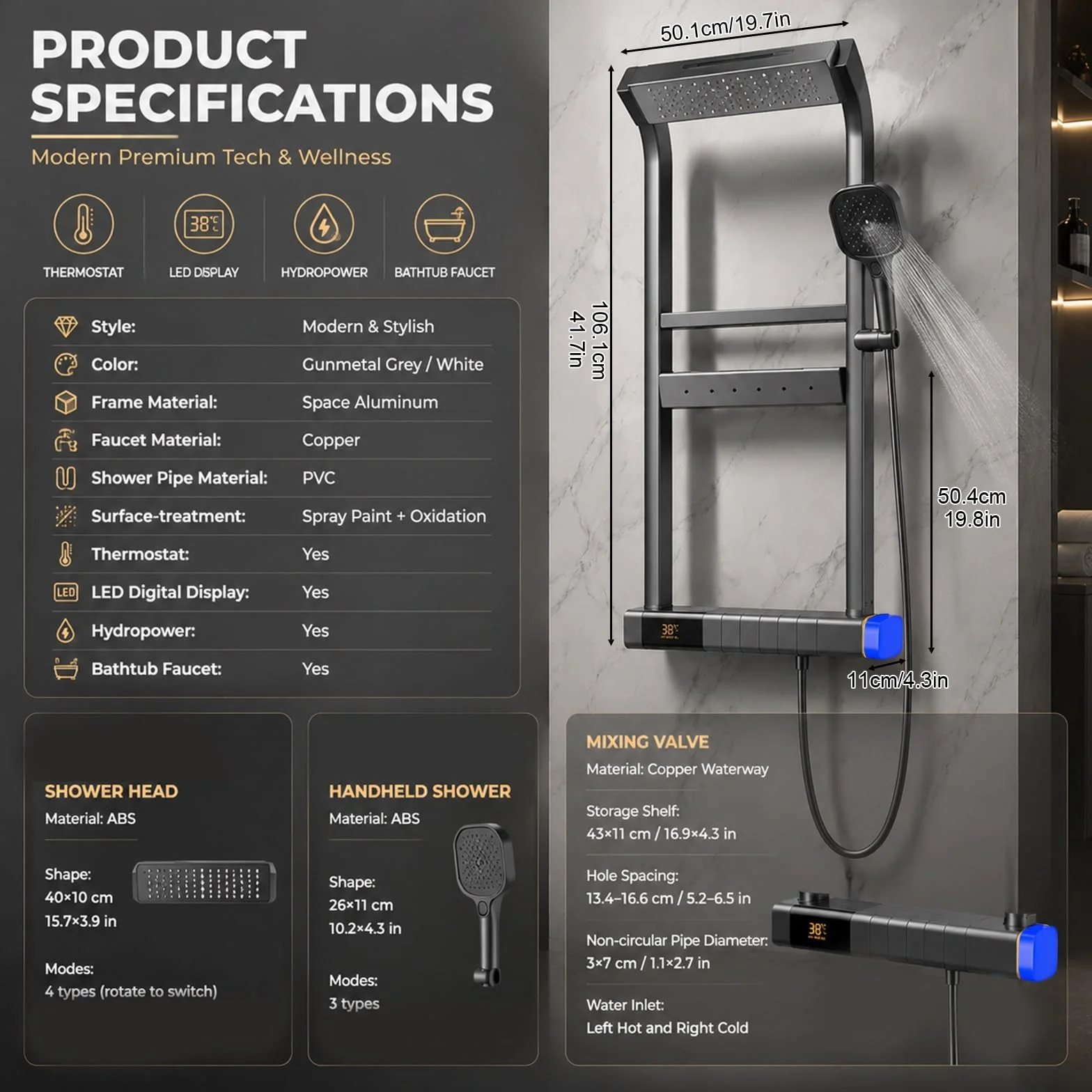 Bateria Prysznicowa Wannowa Zestaw z Podwójną Półką | Kolumna Natryskowa z Termostatem i Deszczownicą Kwadratową 40cm, Kaskada i Słuchawka(Gunmetal Grey)