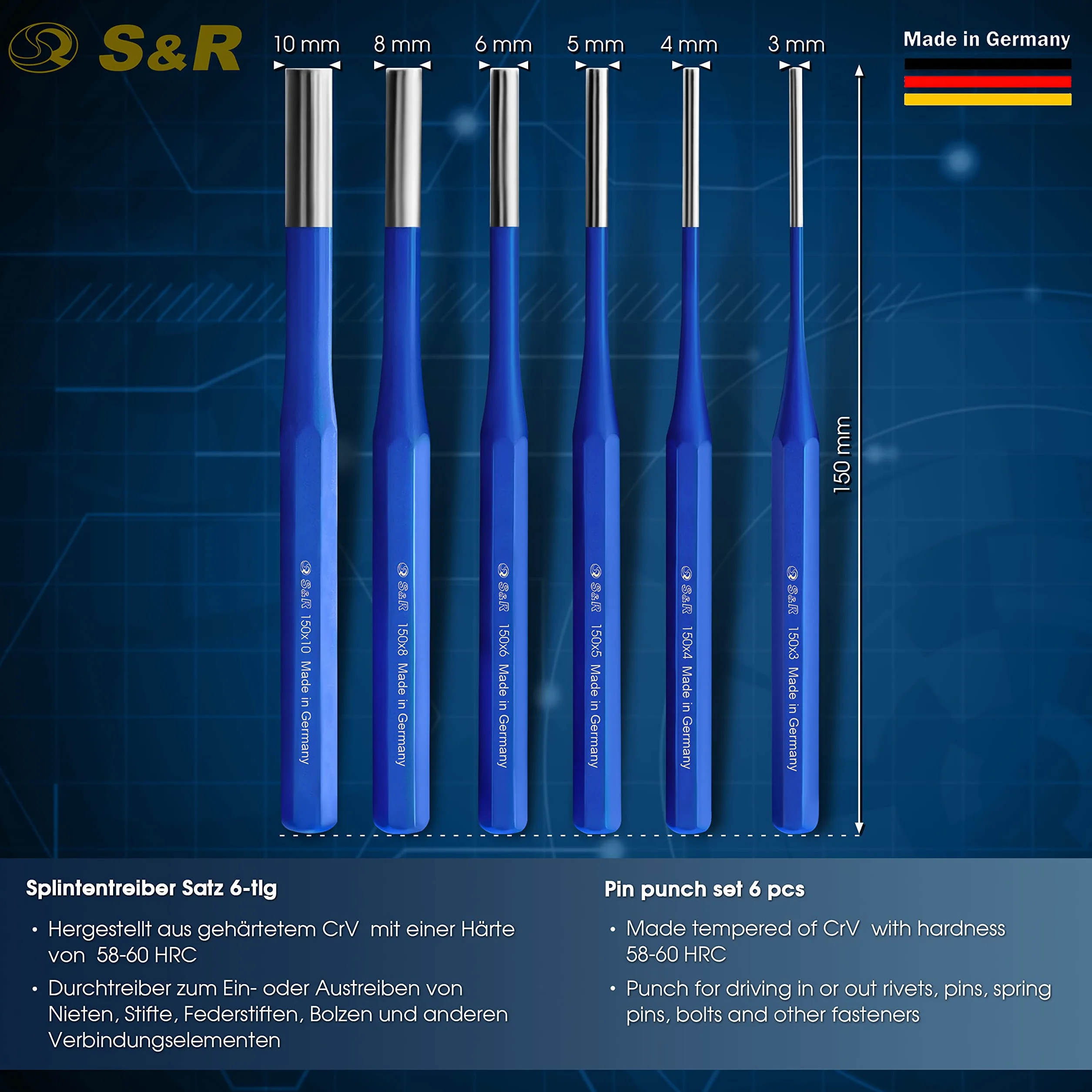 S&R zestaw sterowników do zawleczek 3-10 mm ze stali chromowo-wanadowej Made in Germany