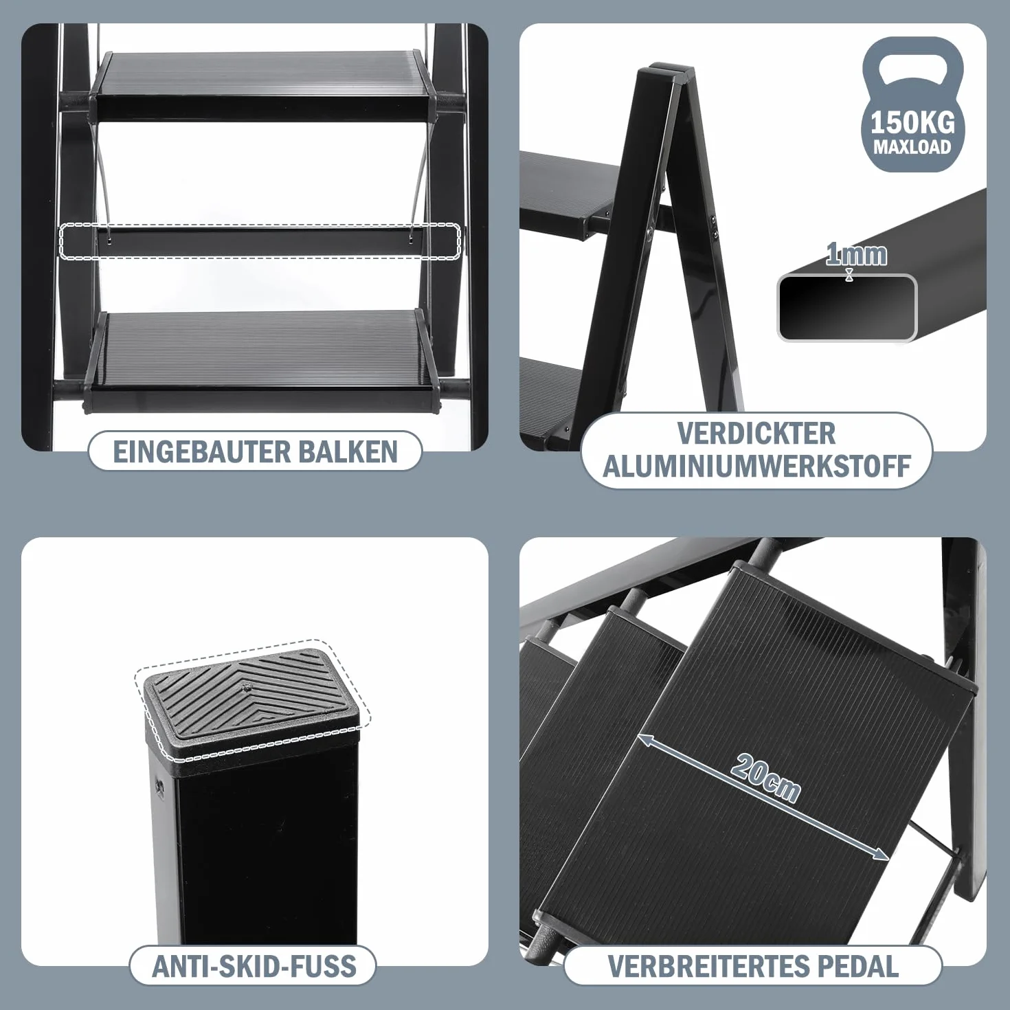 Aluminiowa drabina schodkowa, 4-stopniowa drabina, aluminiowa drabina składana, antypoślizgowa drabina stojąca, mała i kompaktowa, obciążenie do 150 kg, do gospodarstwa domowego, biura,