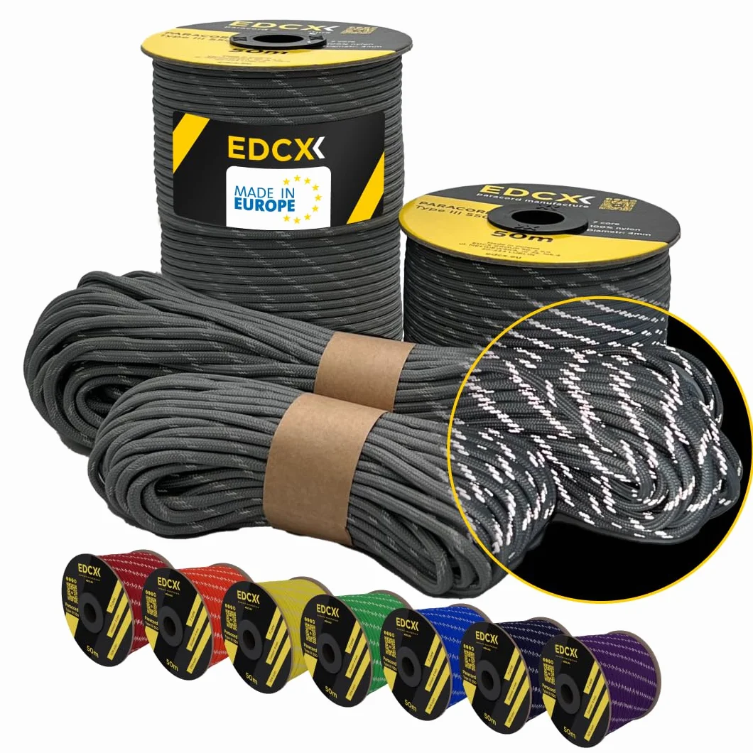 4mm Reflective Paracord 550 (15, 30, 50 m) - Odporny na rozdarcie linka spadochronowa do przetrwania Wykonany w 100% z nylonu, 4 mm typu III, z 7 drutami w wielu kolorach