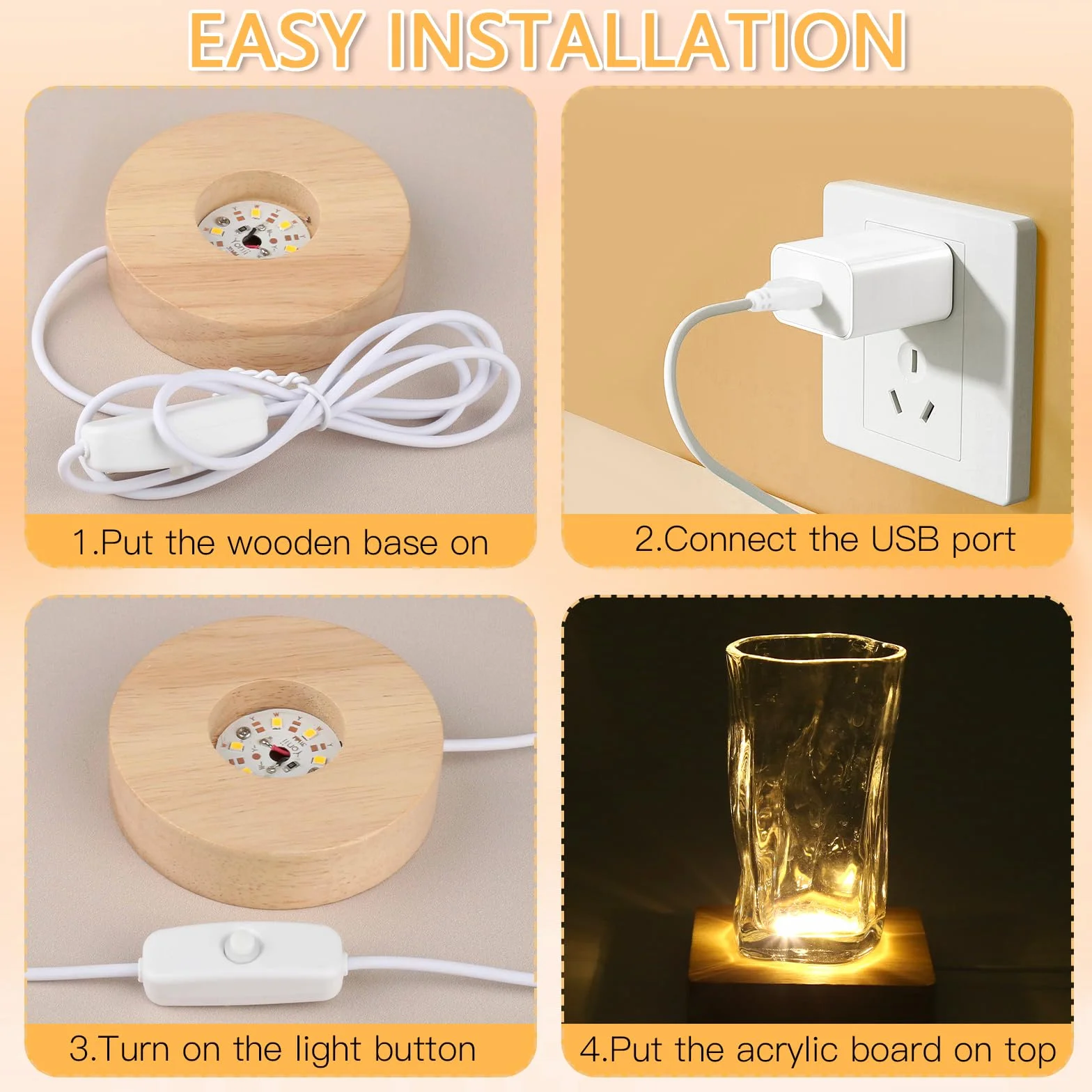 Cokół LED, 4 sztuki, drewniany, kwadratowy/okrągły cokół LED do szkła akrylowego, cokół świetlny z kablem USB do kryształowej kuli, szkła, akrylu (ciepłe światło)