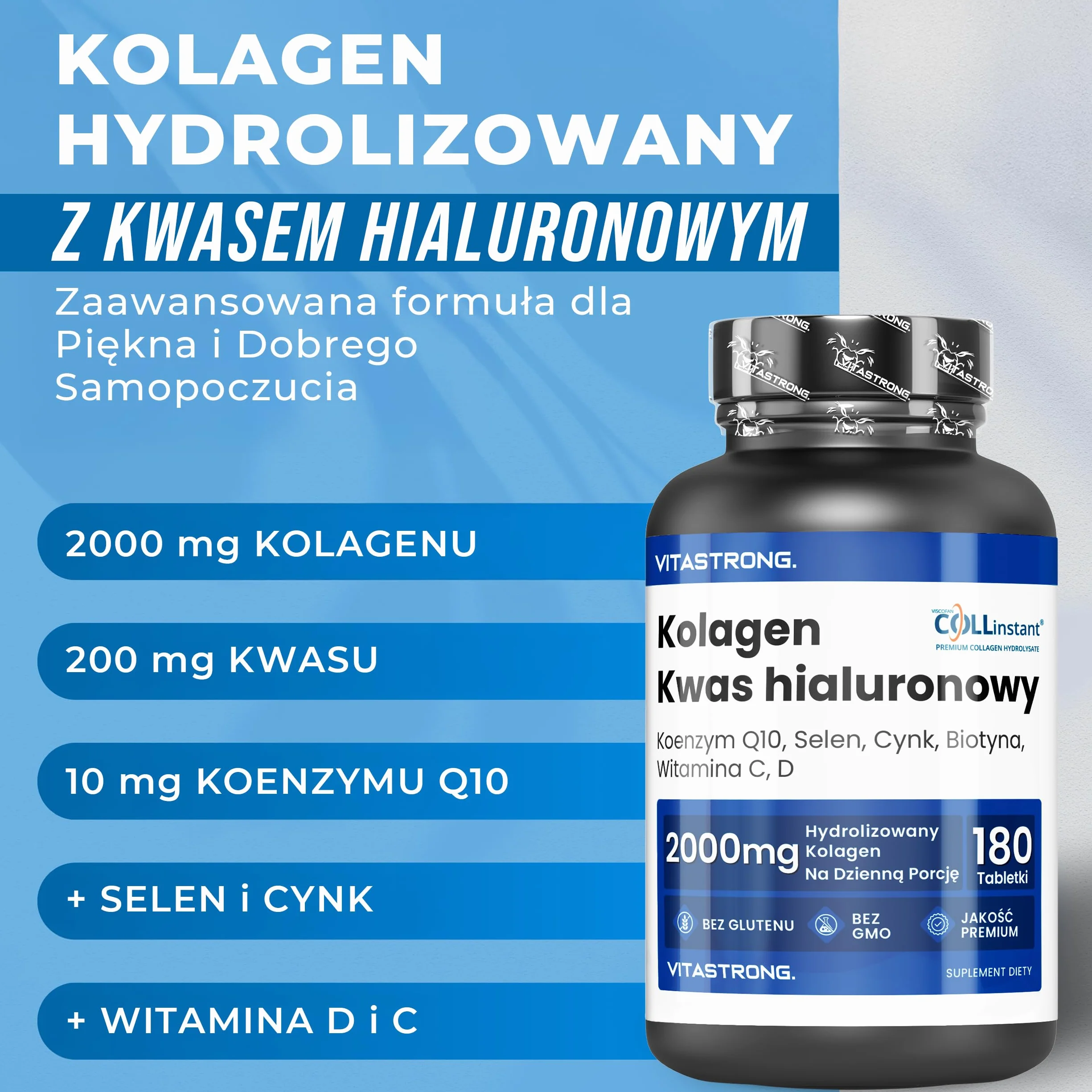 Hydrolizowany Kolagen 2000MG Vitastrong - COLLinstant® Kolagen i Kwas Hialuronowy z Biotyną, Koenzymem Q10, Cynkiem, Selenem, Witaminą C, Witaminą D - Skuteczna Formuła - Wysoka Jakość