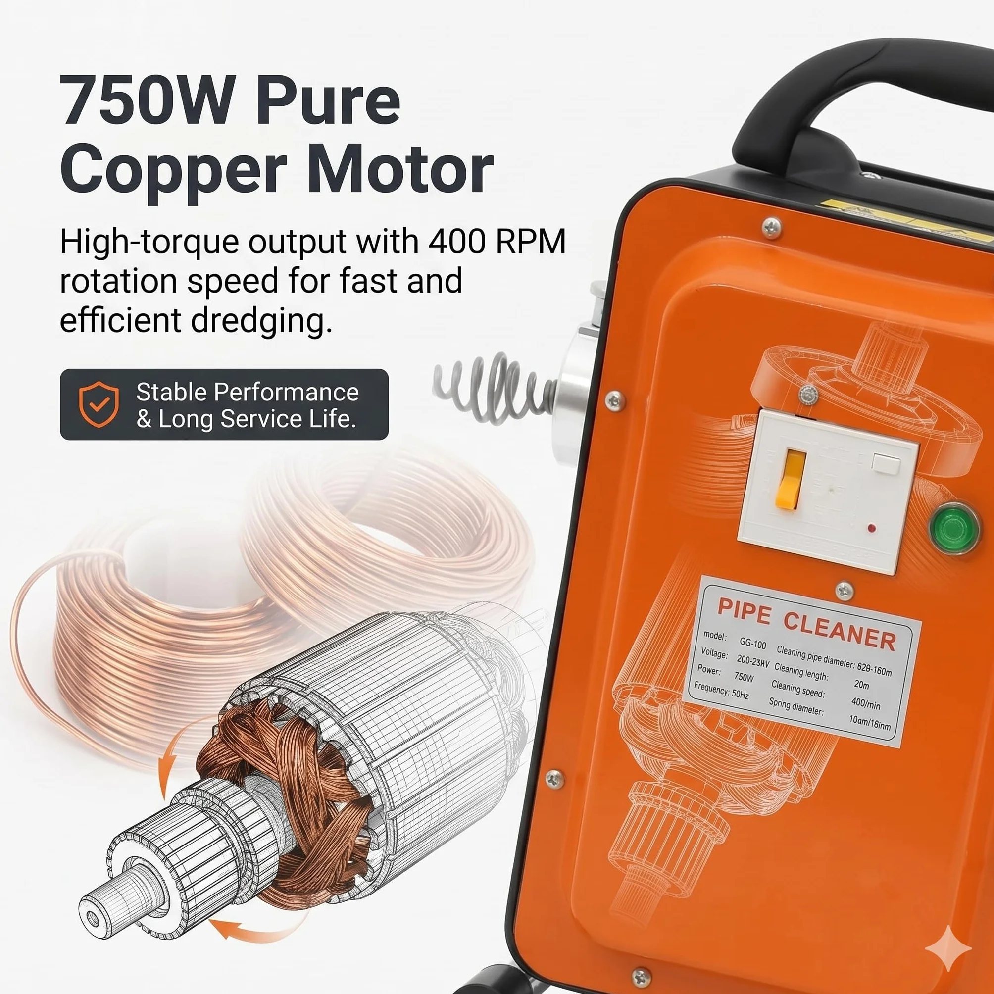 750W 400U/min Elektryczna maszyna do czyszczenia rur z wyłącznikiem FI do rur o średnicy 20-150mm, urządzenie do czyszczenia rur, odkurzacz do rur, spirala do czyszczenia rur o średnicy 16mm 16M, 10mm