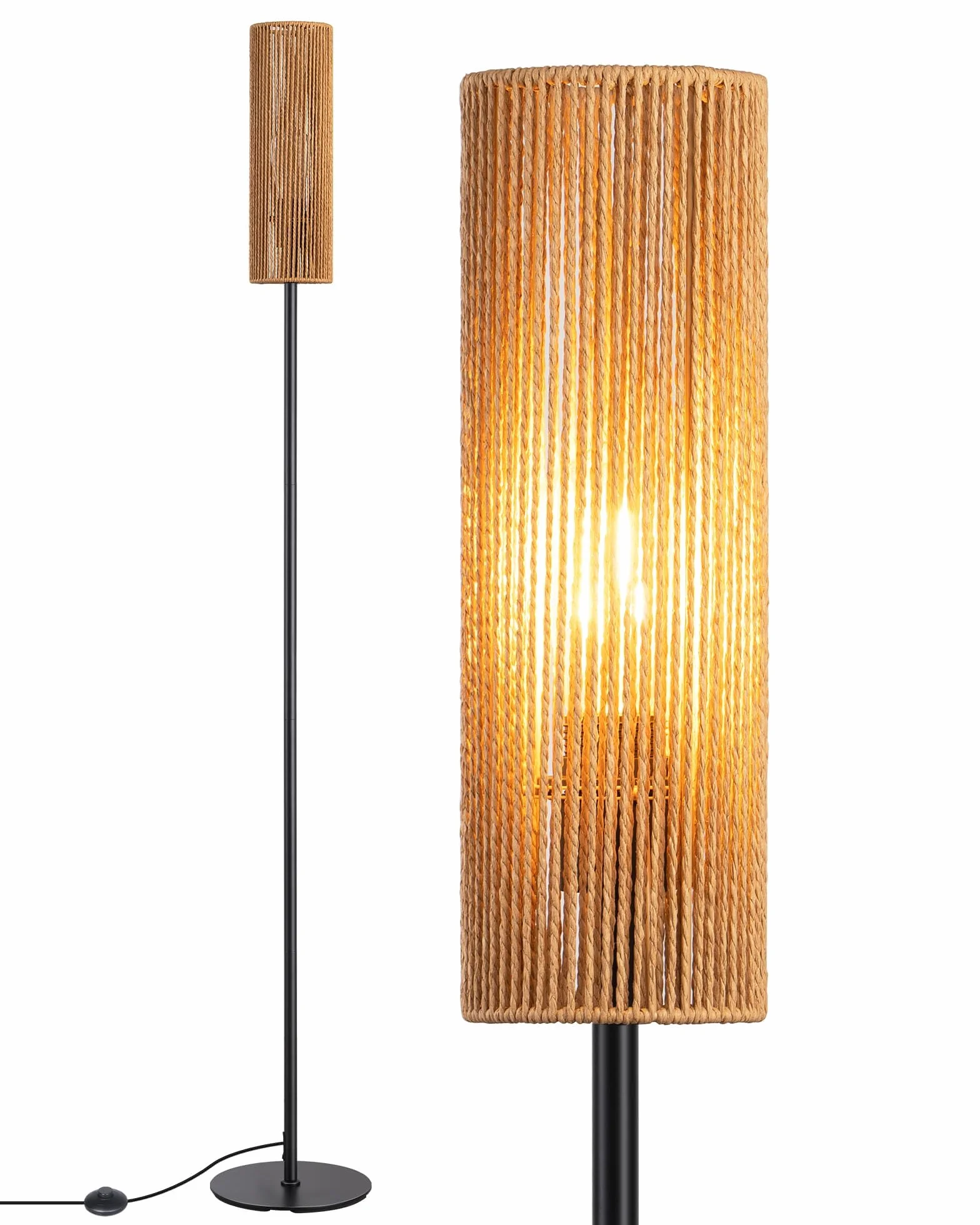 EDISHINE Lampa stojąca LED do salonu, lampa stojąca z abażurem z tkanej liny, lampa stojąca vintage 2700 K, styl boho, E27, do sypialni, pokoju dziecięcego lub sofy narożnej, wysokość 165 cm