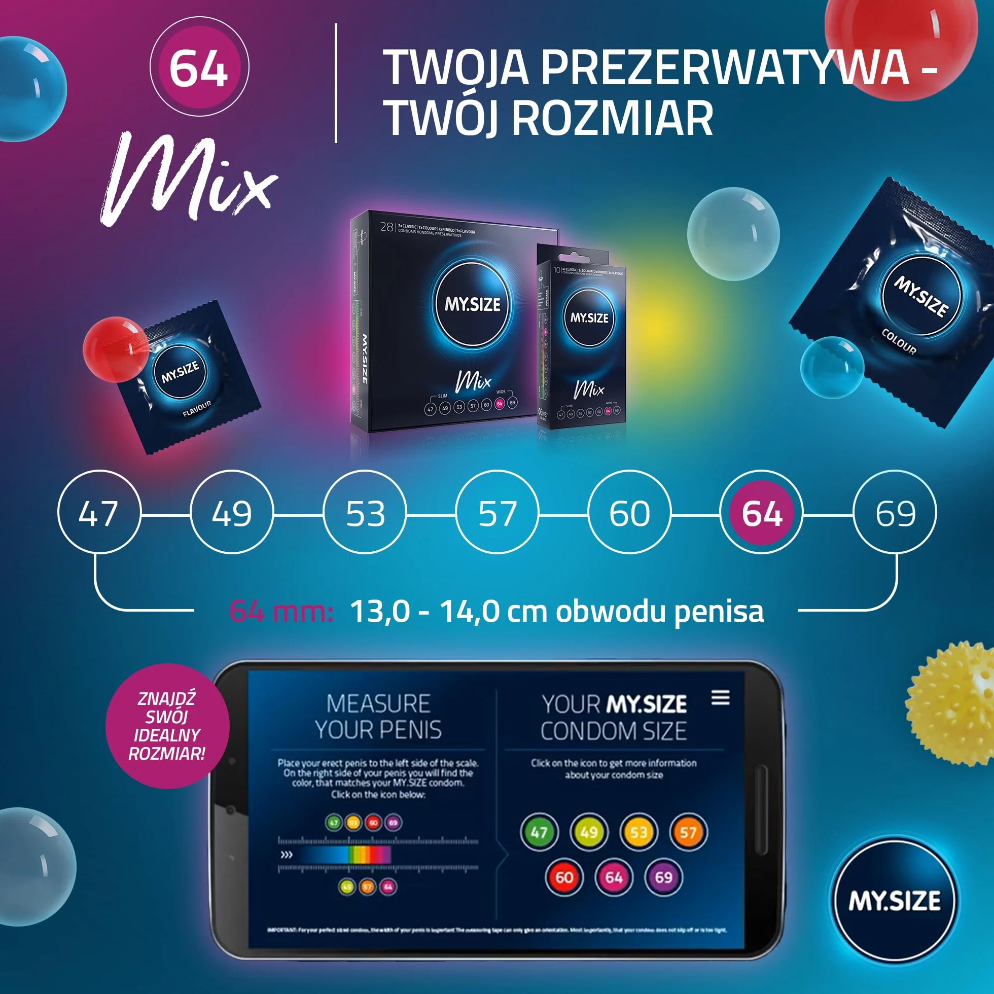 MY.SIZE Mix prezerwatywy 28 sztuk 64 mm rozmiar 6 smakowe kolorowe prążkowane klasyczne