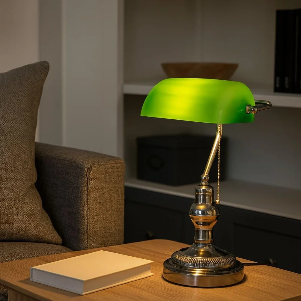BARCELONA LED Vintage Lampka Stołowa Bankierska z Chromowaną Metalową Podstawą i Zielonym Szklanym Kloszem – Regulowana Retro Lampka Biurkowa E27 do Biura, Salonu, Sypialni i Restauracji