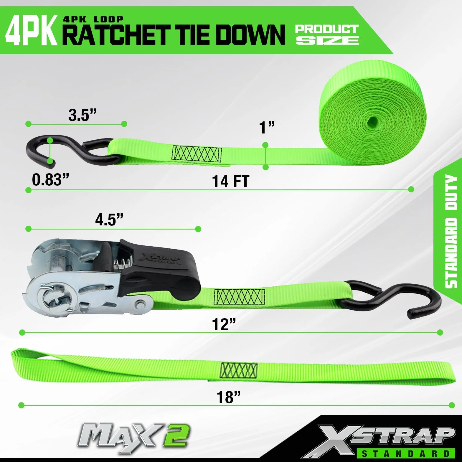 XSTRAP STANDARD Ratchet Tie Down Straps 4Pk 15Ft 1500Lb Break Strength, Cargo Straps for Moving Appliances, Lawn Equipment, Motorcycle, Includes 4 Soft Loops