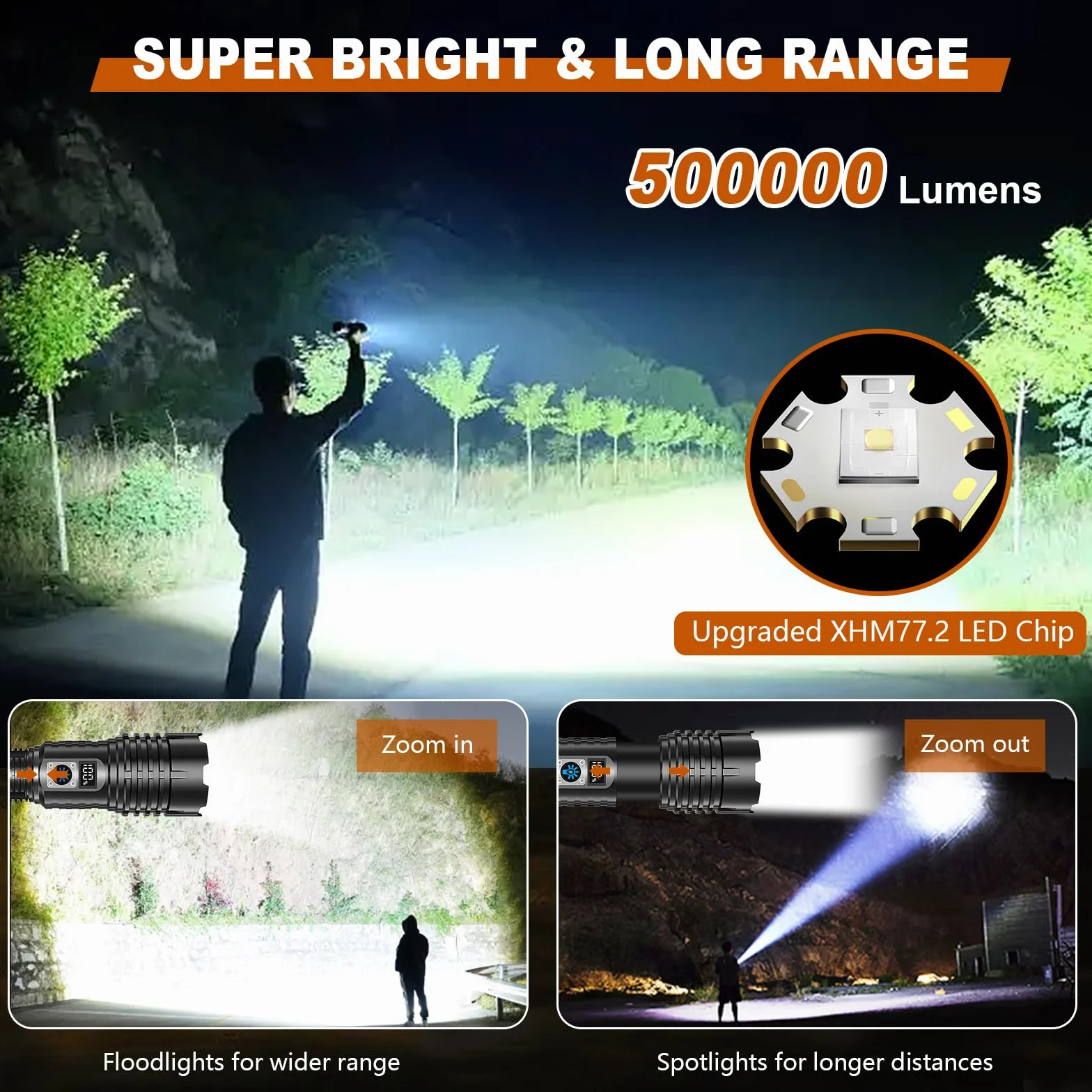 Shadowhawk Latarka LED do ładowania, bardzo jasna, 500000 lumenów, zasilana bateriami, USB, XHM77.2, latarka taktyczna, mocna, wodoszczelna, do użytku na zewnątrz, w sytuacjach awaryjnych, na kemping