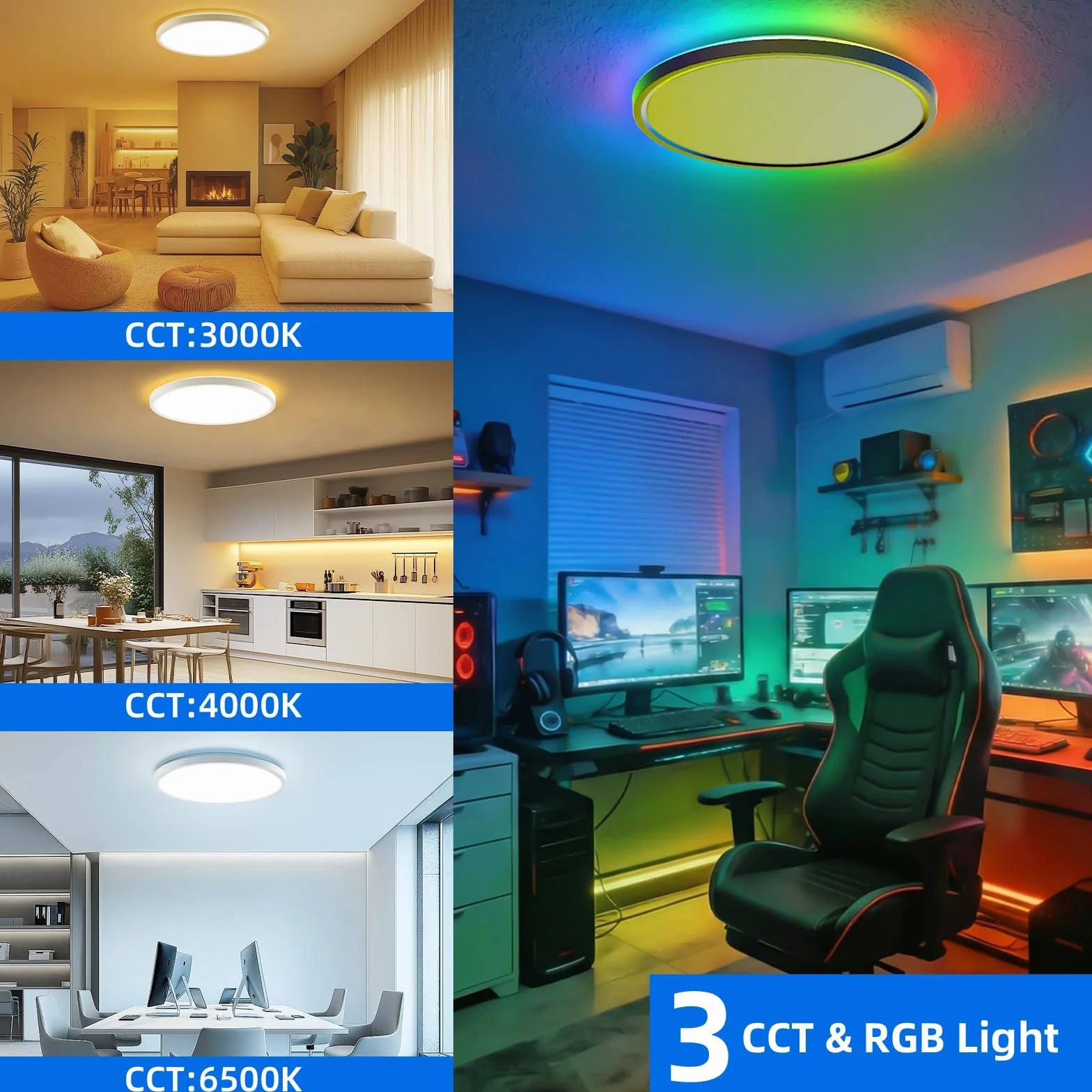 Lampa Sufitowa LED, Lampa Sufitowa 24W 2160LM z Pilotem Zdalnego Sterowania, 3000K-6500K 7 RGB Kolor Okrągła Cienka Nowoczesna Lampa Sufitowa do Sypialni Kuchni Biura łazienki Salonu - Ø 30cm