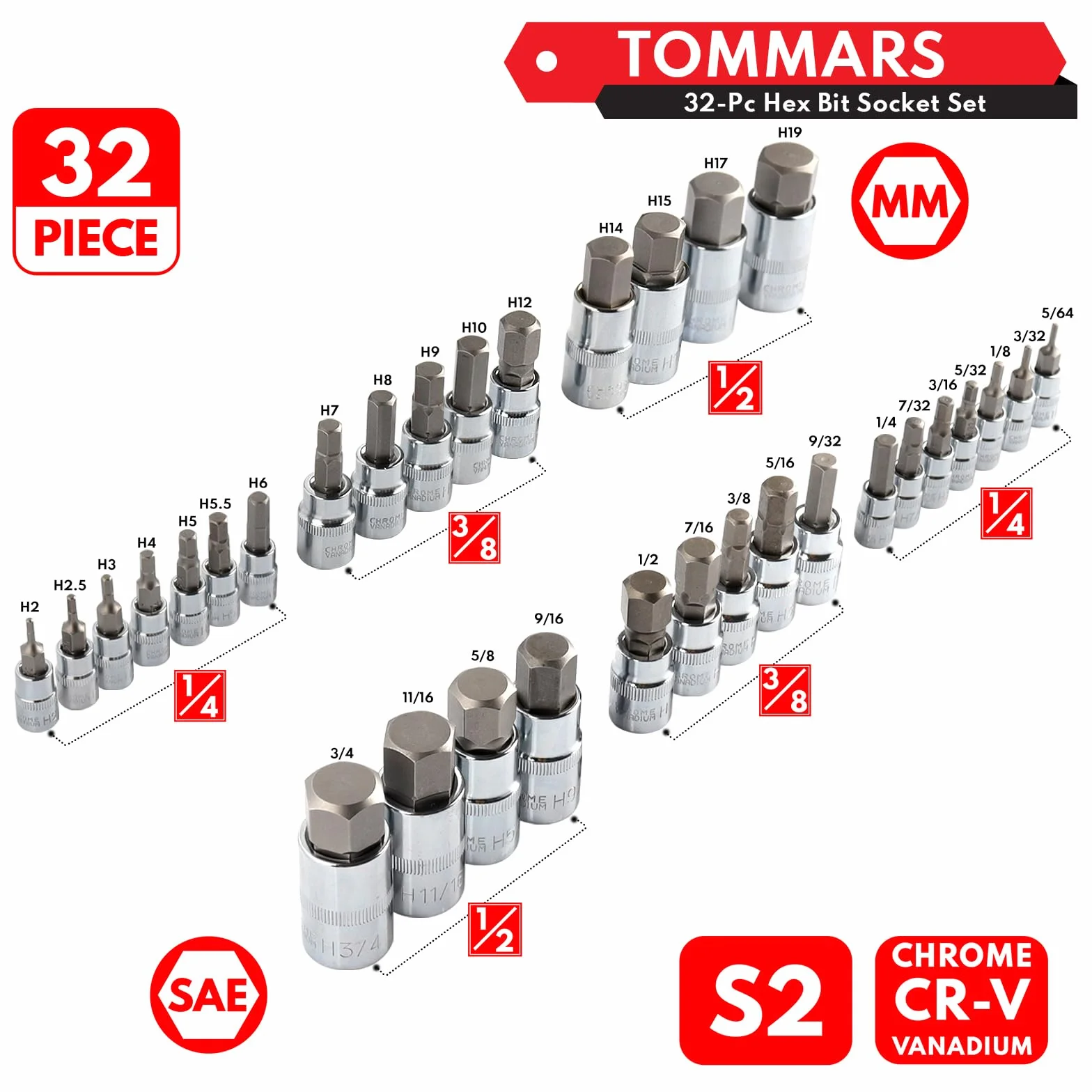TOMMARS Zestaw sześciokątnych nasadek imbusowych 32 szt., calowy i metryczny zestaw bitów ze stali S2, 6,35 mm, 9,5 mm, 12,7 mm, H5/64, H3/4, H2, H19