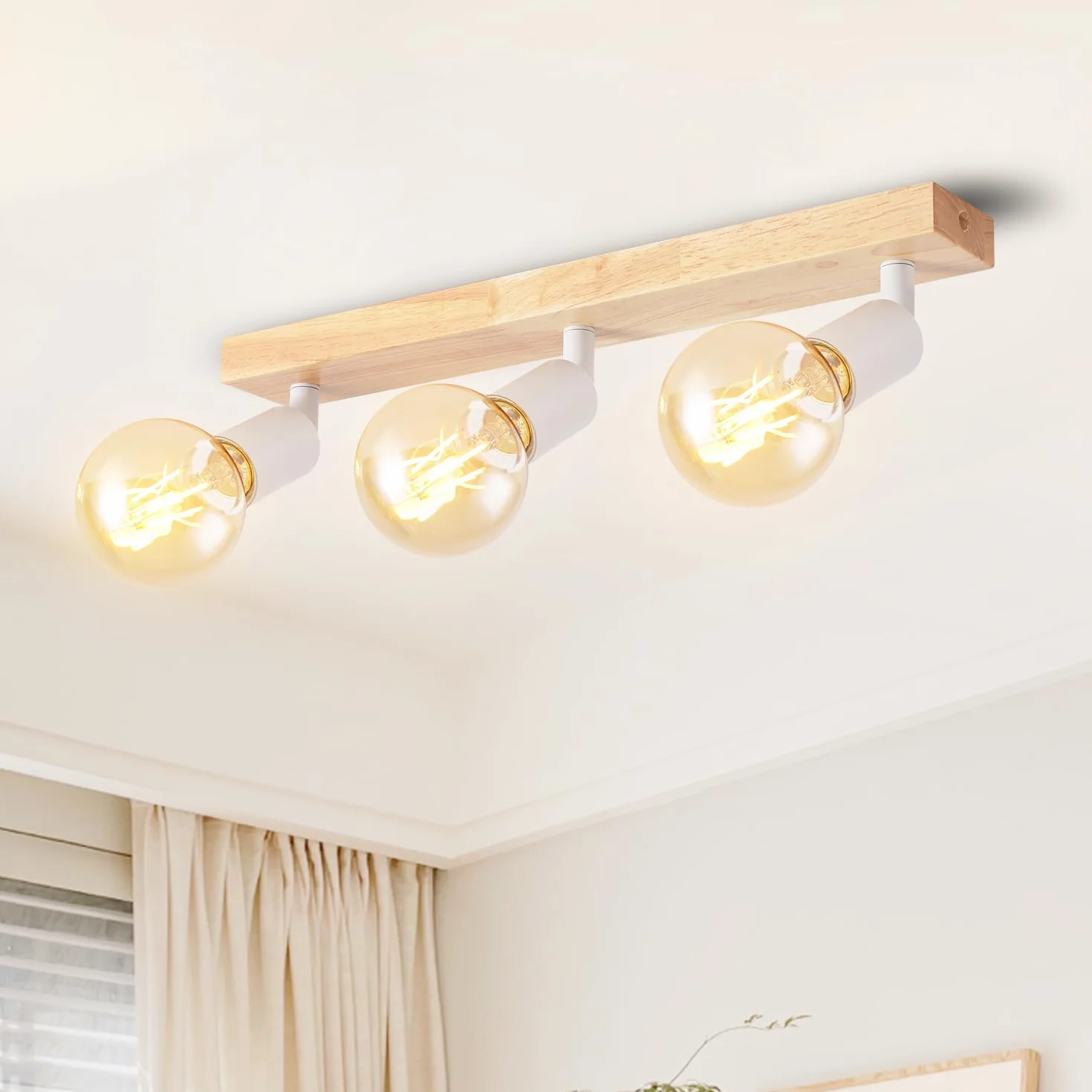 LVWIT Lampa sufitowa LED E27 z 3 reflektorami, białe oświetlenie wewnętrzne, drewniana lampa sufitowa z prostokątną podstawą, lampa ścienna do sypialni, żyrandol kuchenny (bez żarówek)
