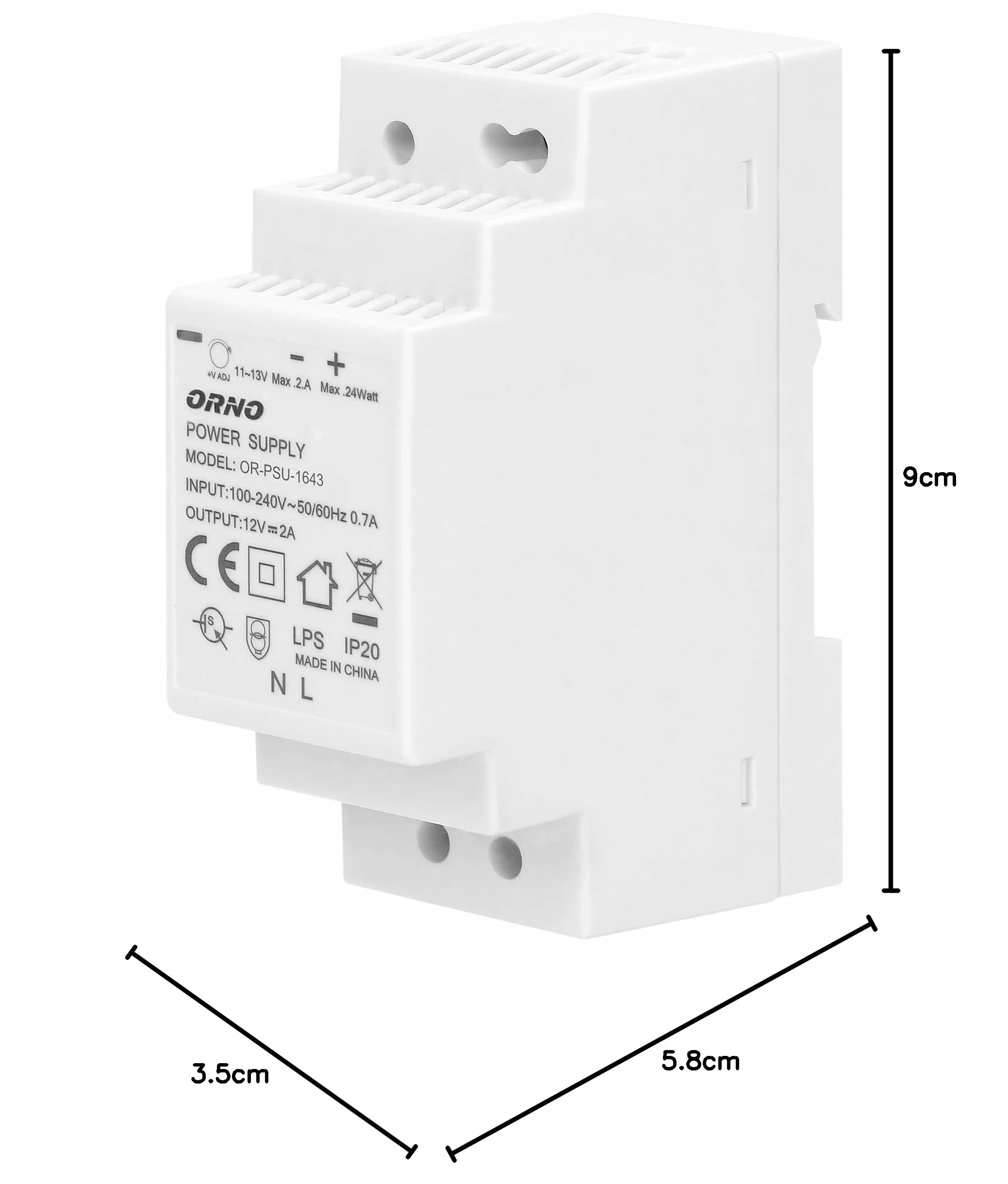ORNO PSU-1643 Zasilacz na Szynę DIN TH35 12VDC / 2A / 24W Szerokość 2 Moduły