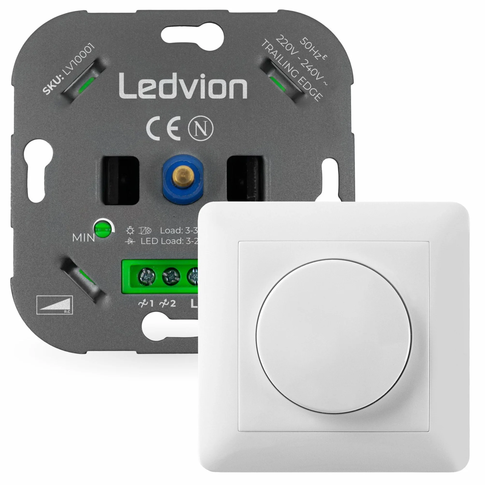 Ledvion Przełącznik ściemniacza LED, LED 3-250 W/halogenowe 3-300 W, biała pokrywa, cięcie fazowe, wbudowany obrotowy ściemniacz, wariator obrotowy LED