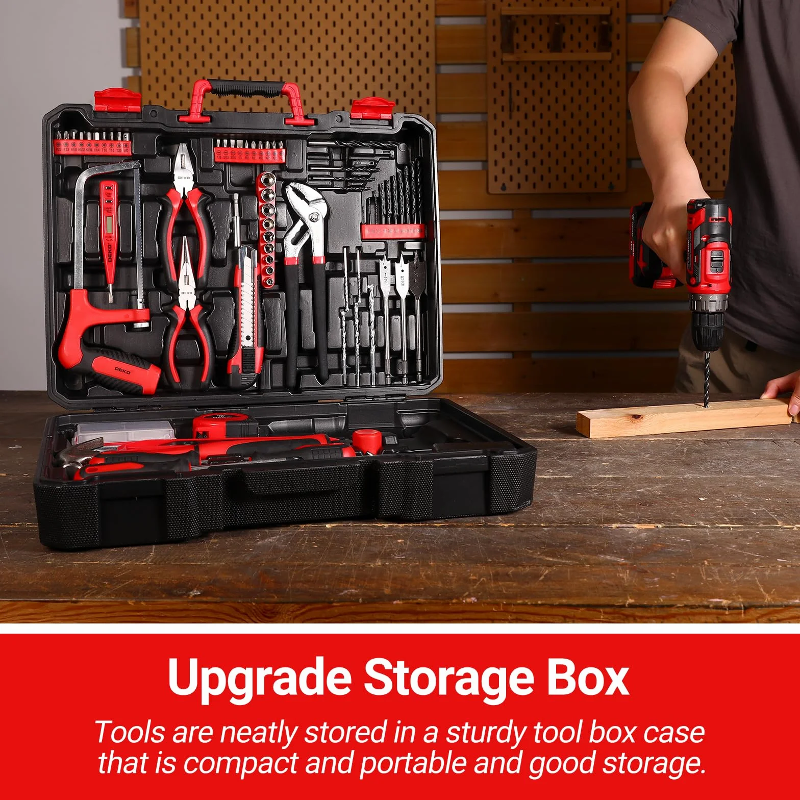 186-częściowy zestaw narzędzi z wkrętarką akumulatorową: DEKO Blue 20V Cordless Drill Toolbox Set, niezbędny zestaw narzędzi do konserwacji domu