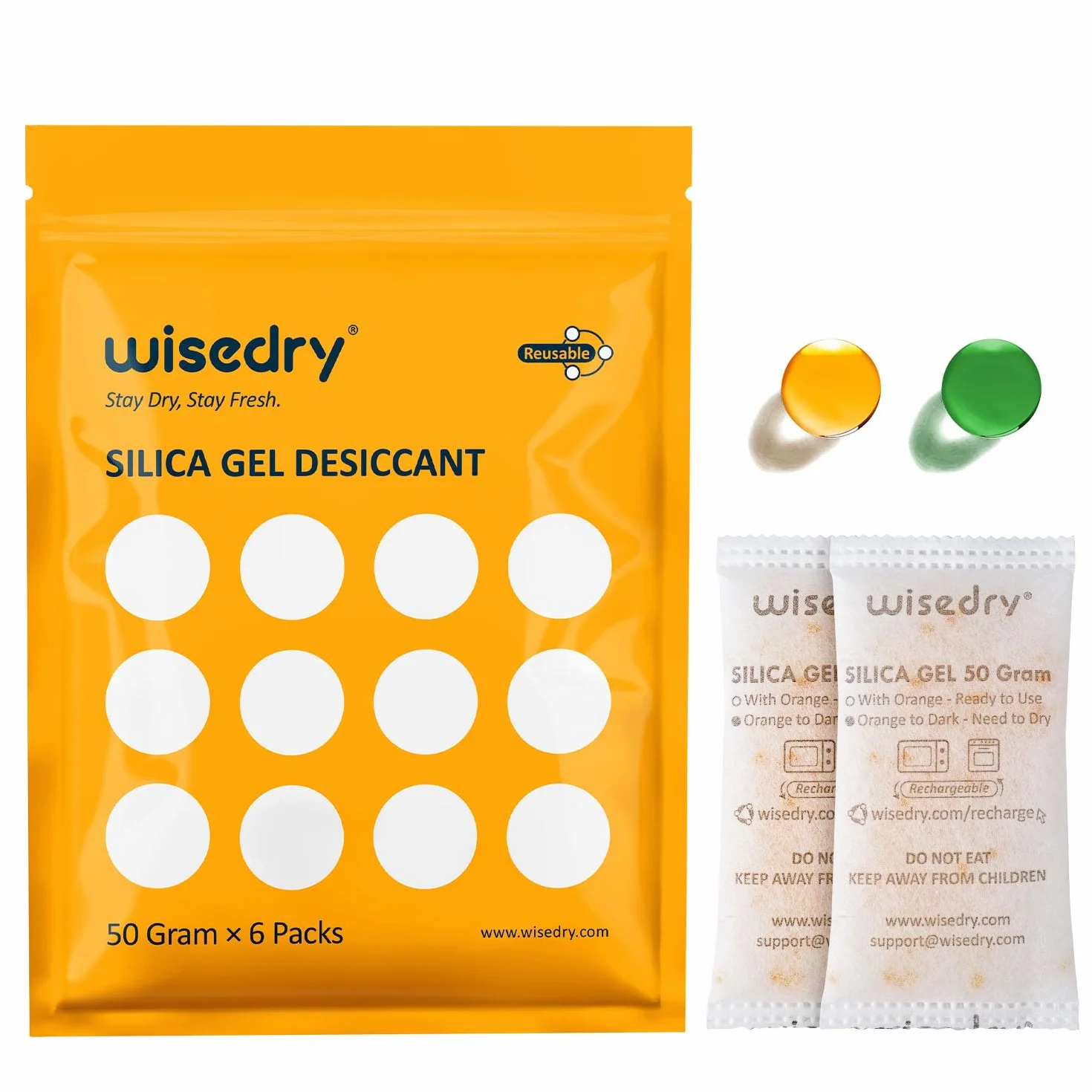 wisedry Odnawialne saszetki z żelem krzemionkowym 50 g (6 opakowań), pomarańczowe koraliki klasy spożywczej, zmieniające kolor, szybko reaktywują silny pochłaniacz wilgoci, do książek, leków, żywności