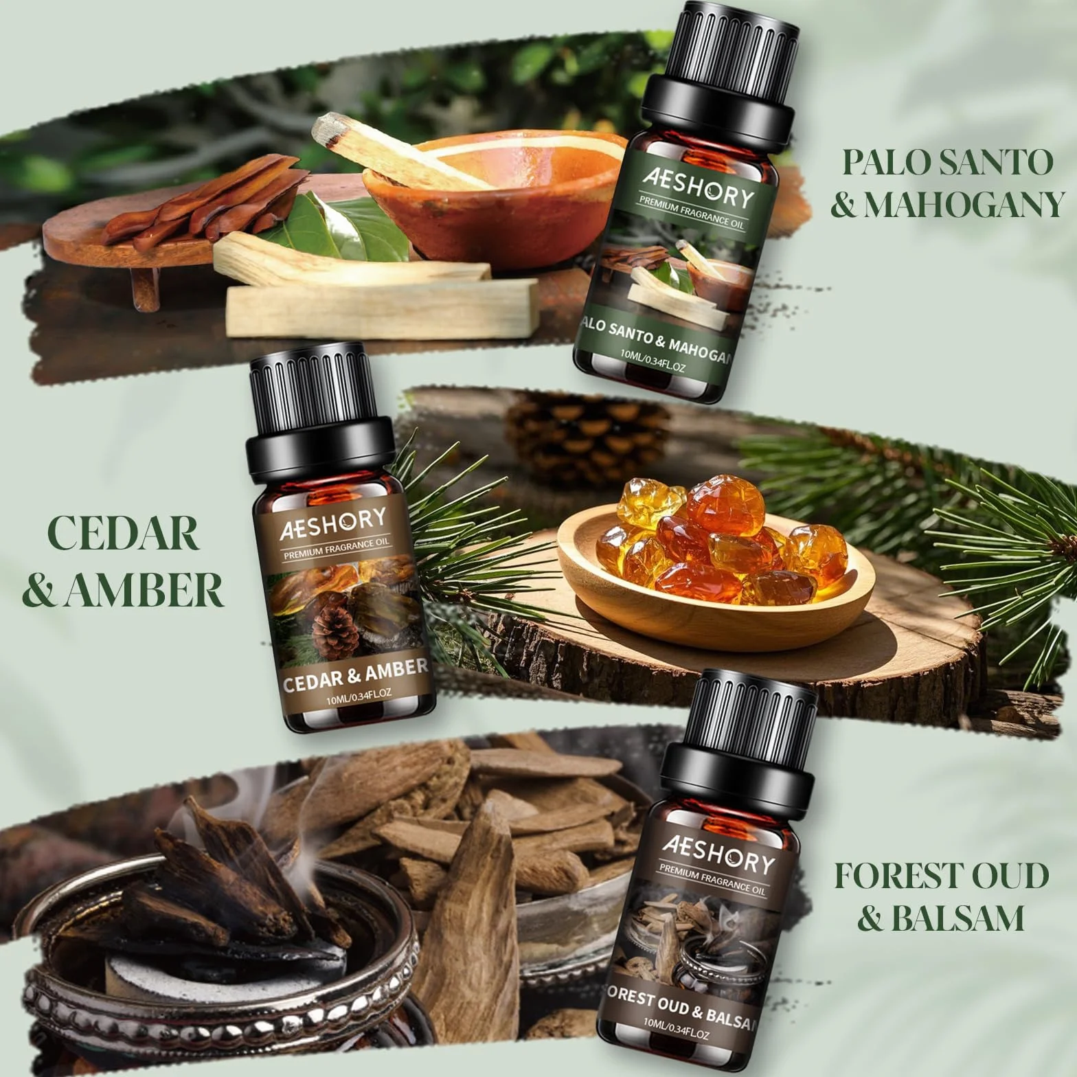 Aeshory 6 x 10 ml Seria Leśna Zestaw Olejków Eterycznych, Naturalne Olejki Zapachowe Do Dyfuzora – Hikora I Zamsz, Drzewo Sandałowe I Wanilia, Oszroniona Jodła, Palo Santo I Mahoń, Cedr I Bursztyn