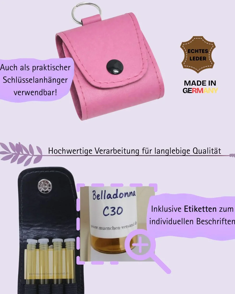 Homeopatyczna apteczka awaryjna z 4 butelkami z brązowego szkła (z ochroną UV) i etykietami, skóra (malinowa)