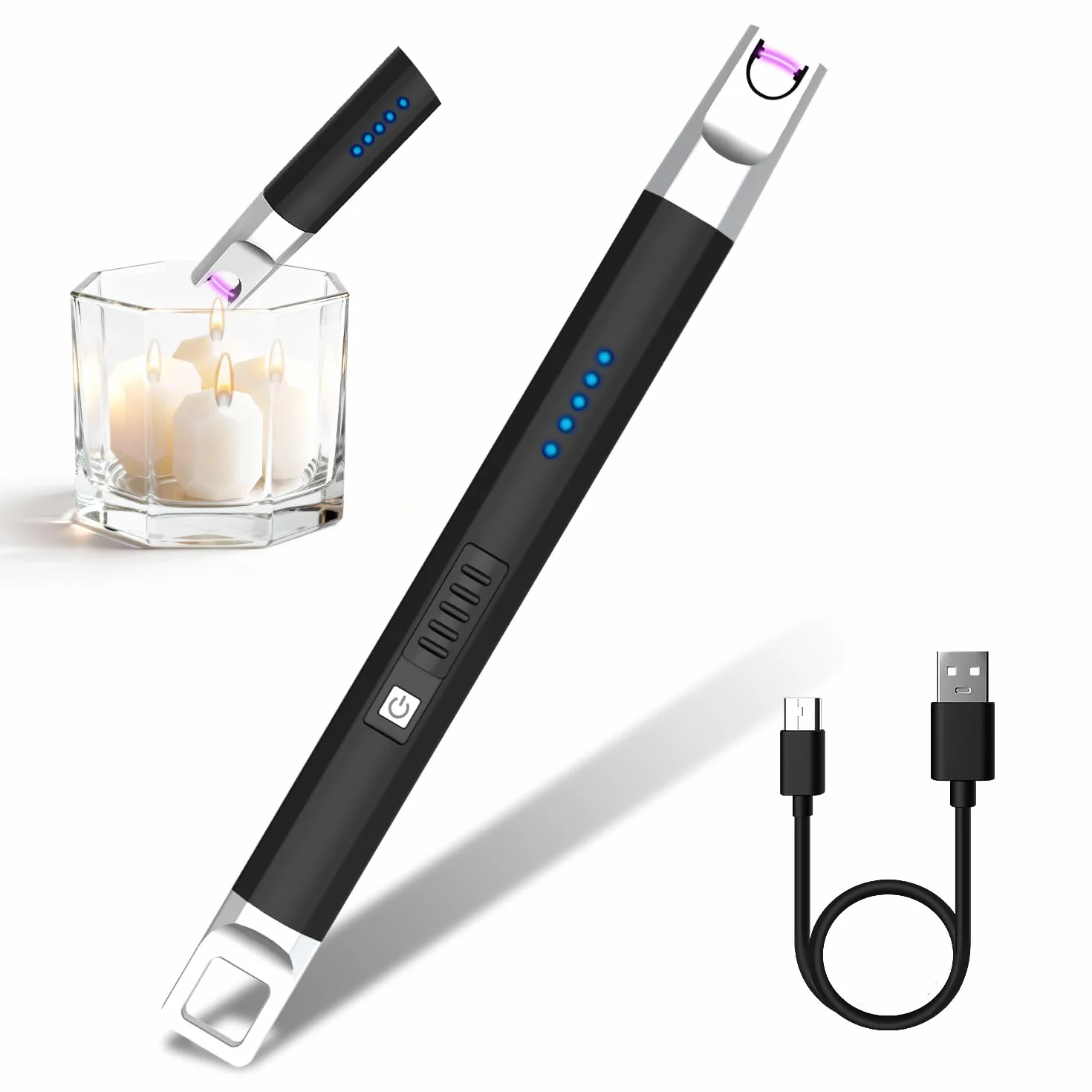 Zapalniczka łukowa, odporna na wiatr, bezpłomieniowa, ładowana, USB, z oświetleniem LED, do świec, grilla kempingowego, czarna