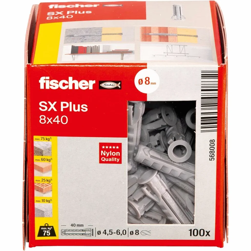 fischer Kołek rozporowy SX Plus 8 x 40, pudełko z 100 kołkami nylonowymi, kołki rozporowe zapewniające optymalną przyczepność w przypadku mocowań w betonie, cegle pełnej, betonie porowatym, cegle o