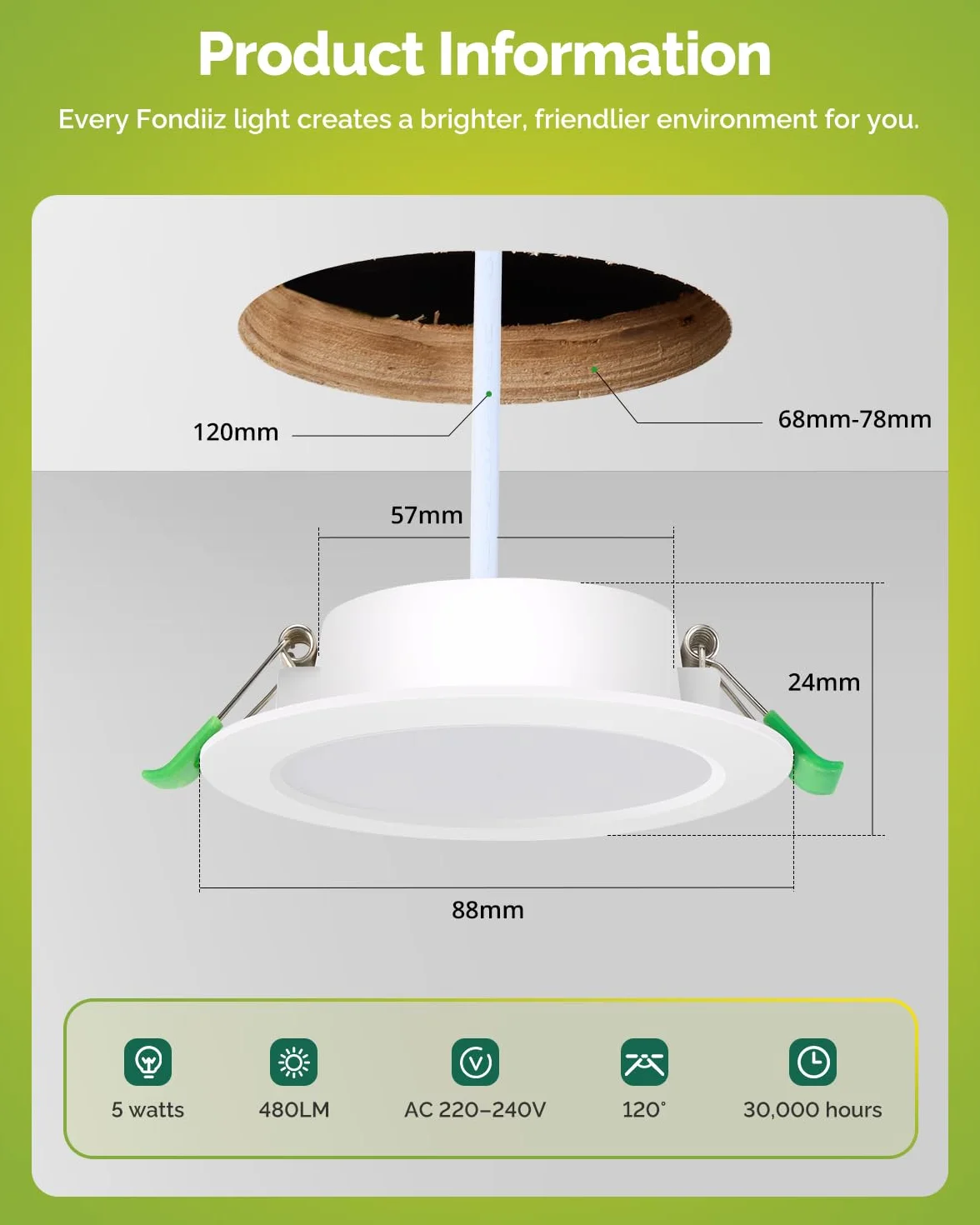 Fondiiz 12-pakiet LED świateł sufitowych 5W 3CCT 2700K-6000K wycięcie 68mm IP44 do łazienki