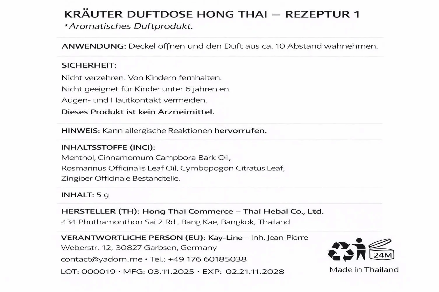 Hong Thai puszka zapachowa 2025 naturalny ekstrakty ziołowe olejki eteryczne 1 sztuka