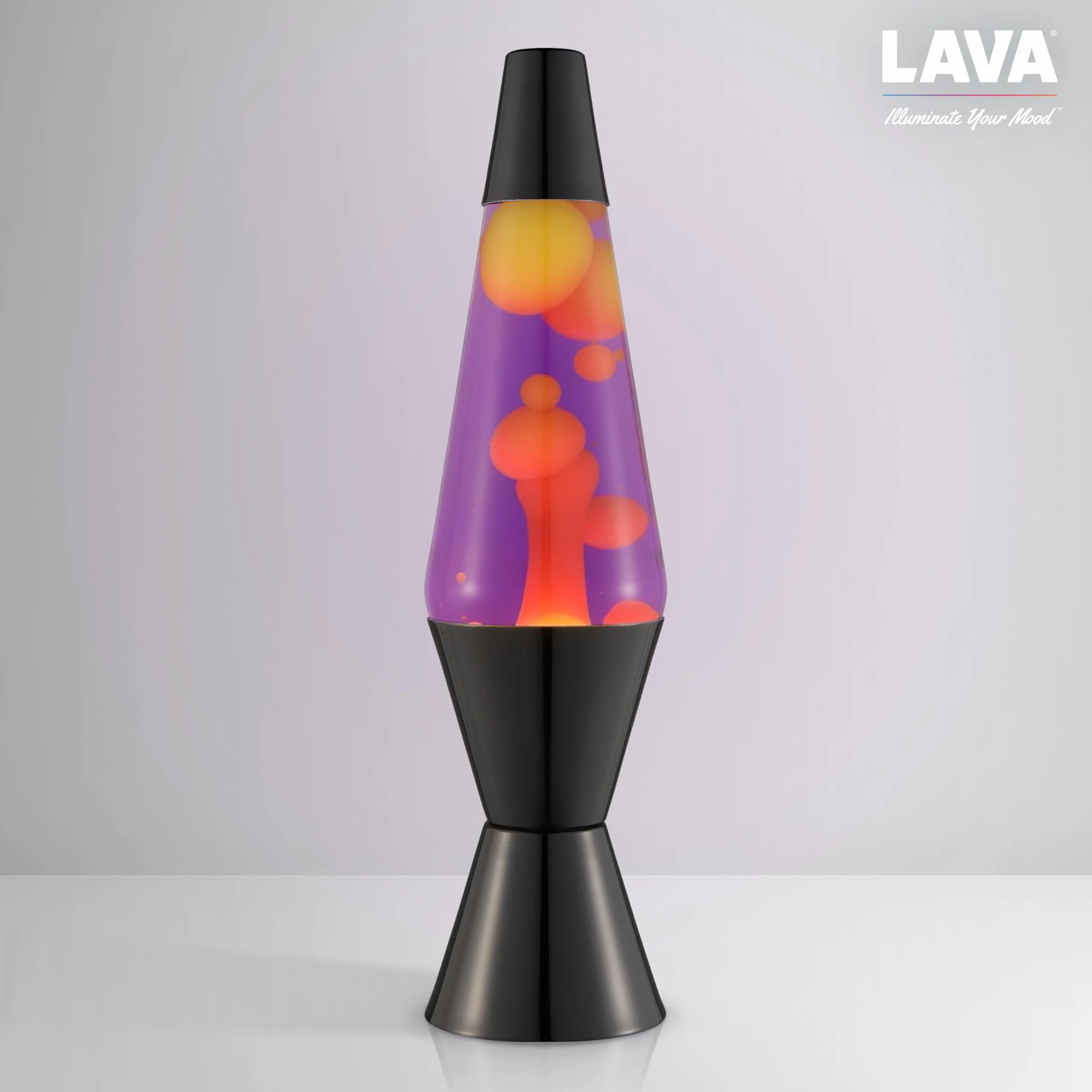 LAVA® - Lampa Lava 2323, żółty wosk, fioletowa ciecz, czarna podstawa i czapka, oryginalna 14,5 cal lampa ruchowa marki LAVA®