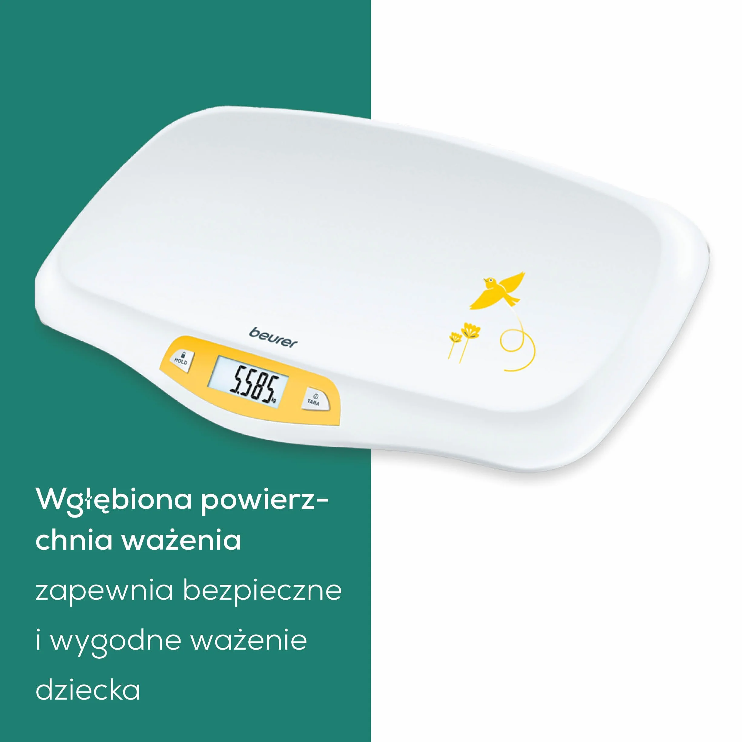 Beurer BY 80 Waga niemowlęca z zakrzywioną powierzchnią, nośność 20 kg, funkcja tarowania i przytrzymywania dla odbijających się dzieci, pomiar i wyświetlanie w krokach co 5 g