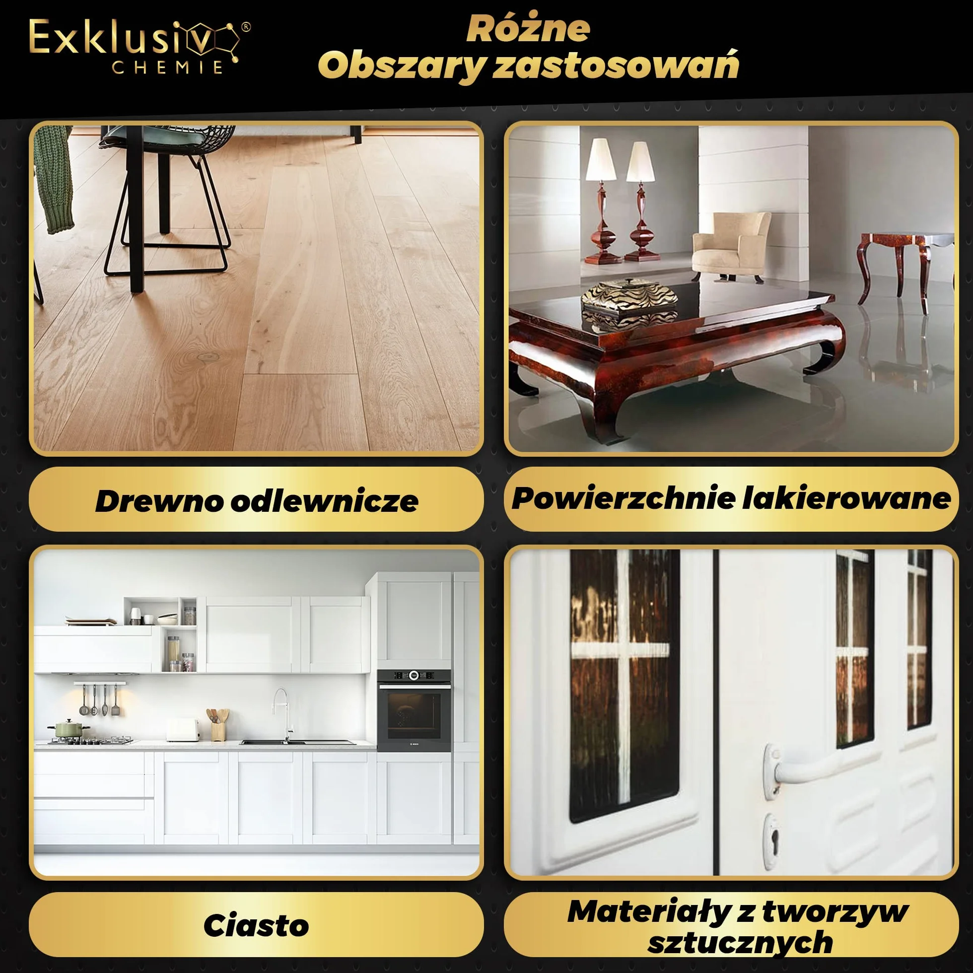 Exklusiv Chemie® Środek do czyszczenia frontów na wysoki połysk | Pielęgnacja i lakierowanie mebli na wysoki połysk | Lakier do mebli | Drewno fornirowane, powierzchnie lakierowane, kuchnie, drzwi, lakier fortepianowy | 0,5 l | Do drewna fornirowanego, po