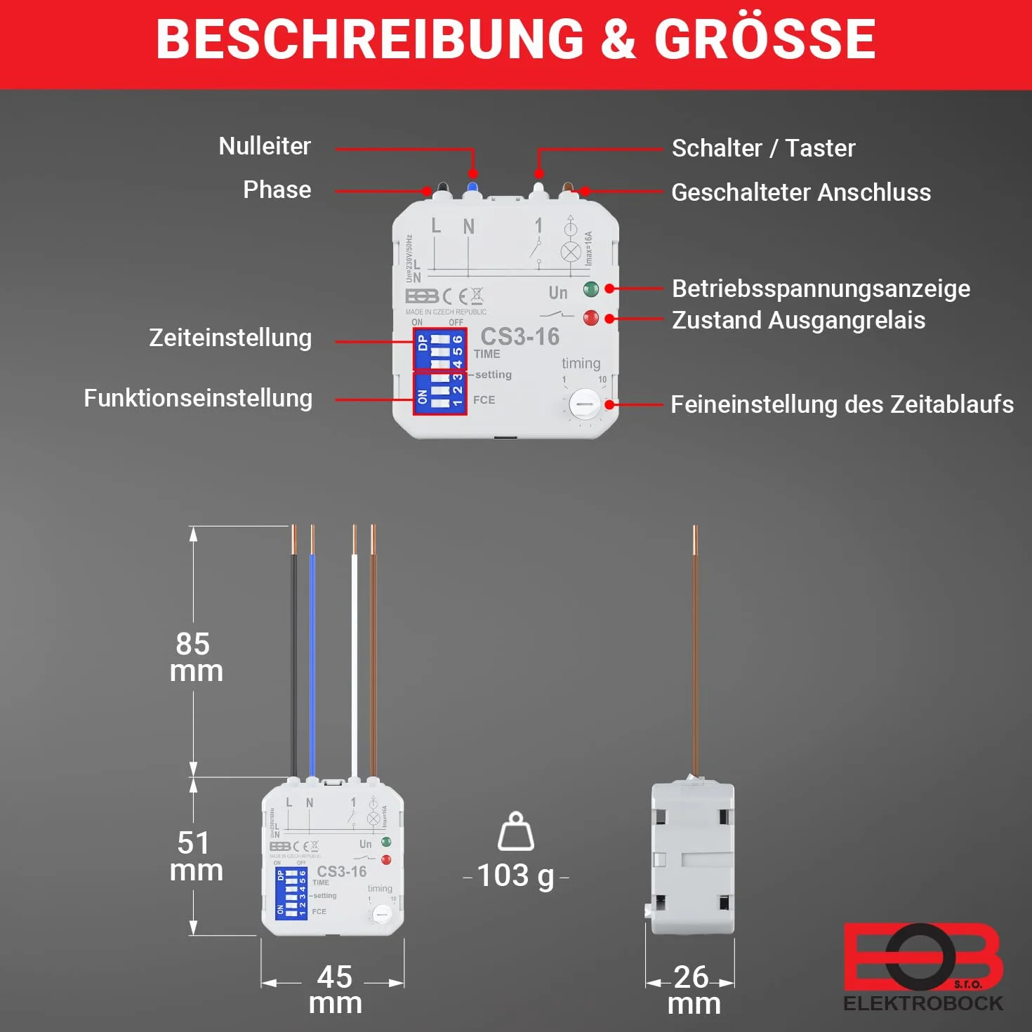 Elektrobock Wielofunkcyjny przekaźnik dobiegowy, podtynkowy, CS3-16