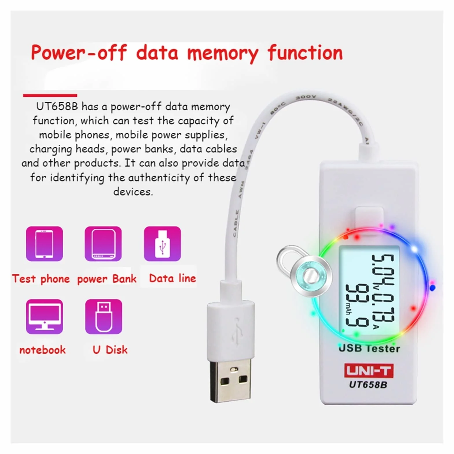 Urządzenie pomiarowe tester USB Usb. Tester cyfrowy woltomierz AMMETER AMPEREMETER Meter lekarz do mocowania mobilefonu Moc tabletu.(UT658LOAD)