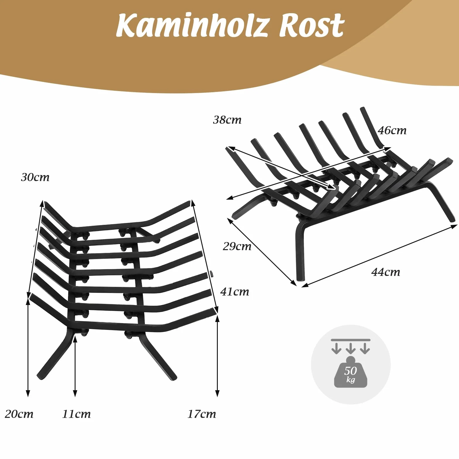 GOPLUS Ruszt na drewno kominkowe 46 cm, wytrzymały ruszt z kutego żelaza, uchwyt na drewno opałowe z 7 metalowymi drążkami, kozioł z nóżkami, obciążenie do 50 kg, do użytku wewnątrz i na zewnątrz