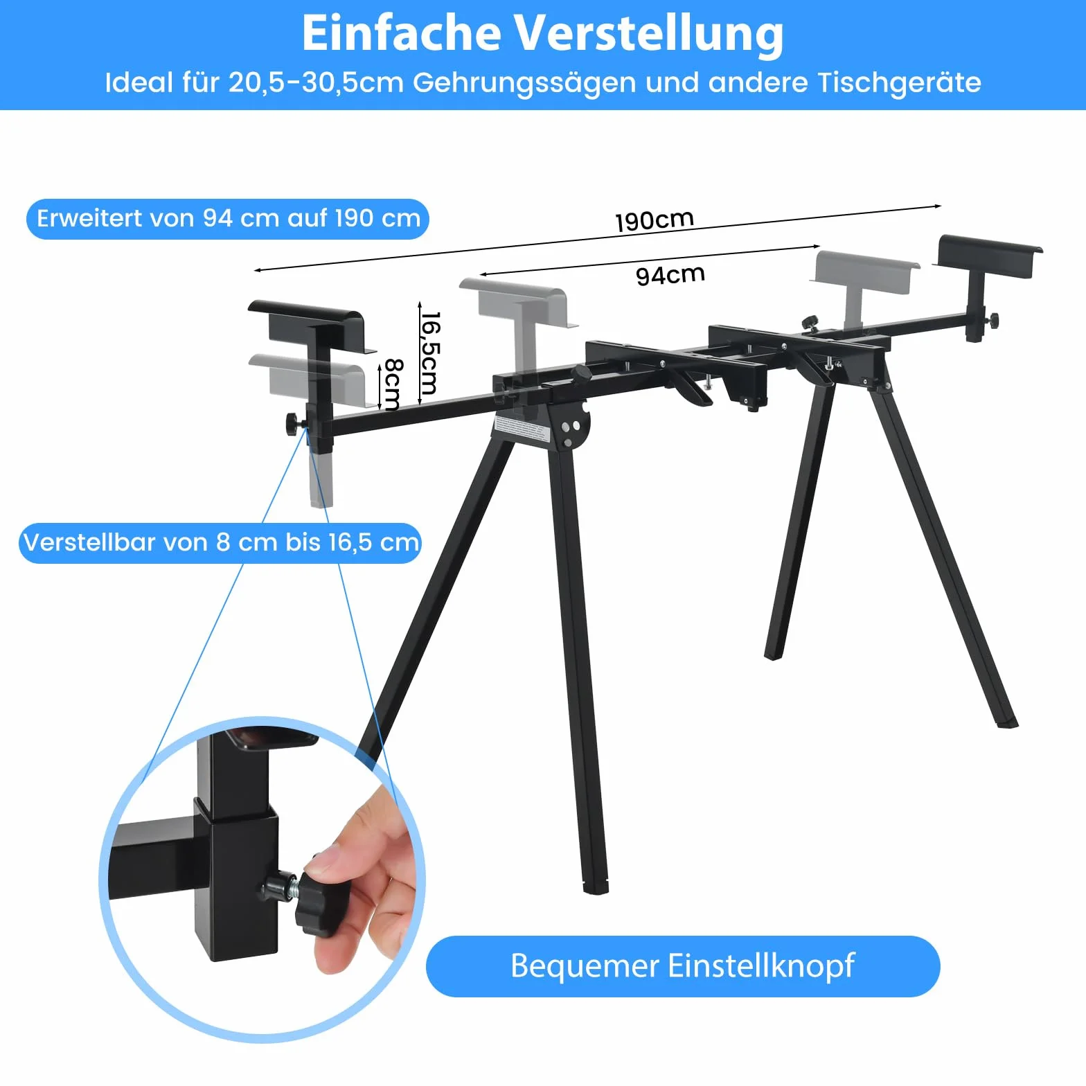 COSTWAY Stelaż do piły ukośnej, stół roboczy, mobilny, do 150 kg, regulacja wysokości 83-91,5 cm, wysuwany 94-190 cm, uniwersalny stojak do piły ukośnej, metalowy