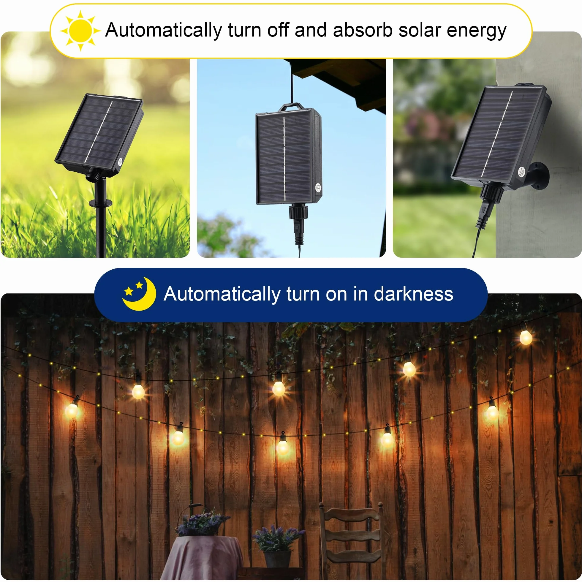 Tacobey Solarny łańcuch świetlny na zewnątrz, ciepła biel, z 20 żarówkami G40 - 10 m, 100 diod LED, solarne oświetlenie świąteczne na zewnątrz, do ogrodu, możliwość ładowania przez USB, 8 trybów
