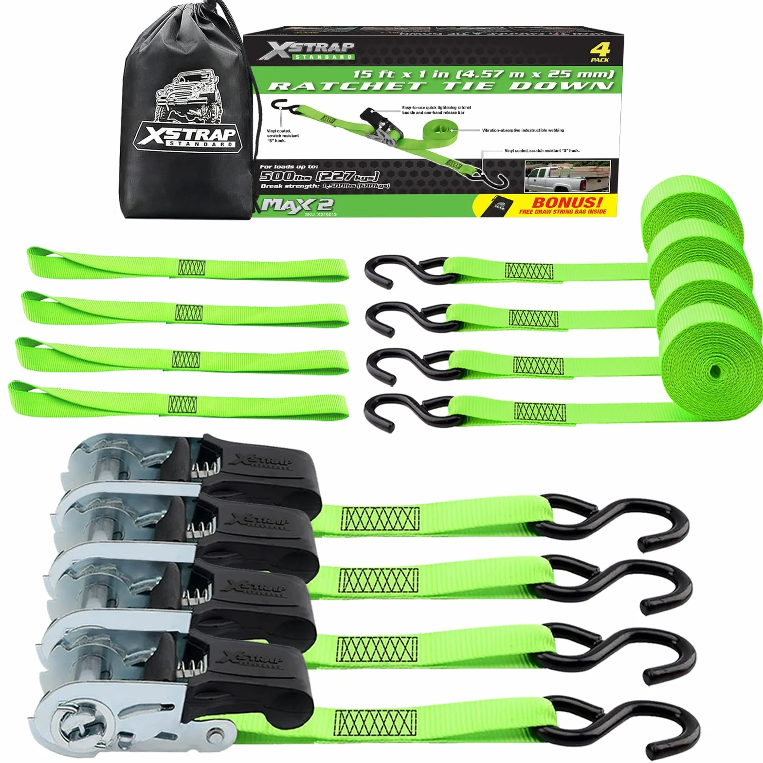 XSTRAP STANDARD Ratchet Tie Down Straps 4Pk 15Ft 1500Lb Break Strength, Cargo Straps for Moving Appliances, Lawn Equipment, Motorcycle, Includes 4 Soft Loops