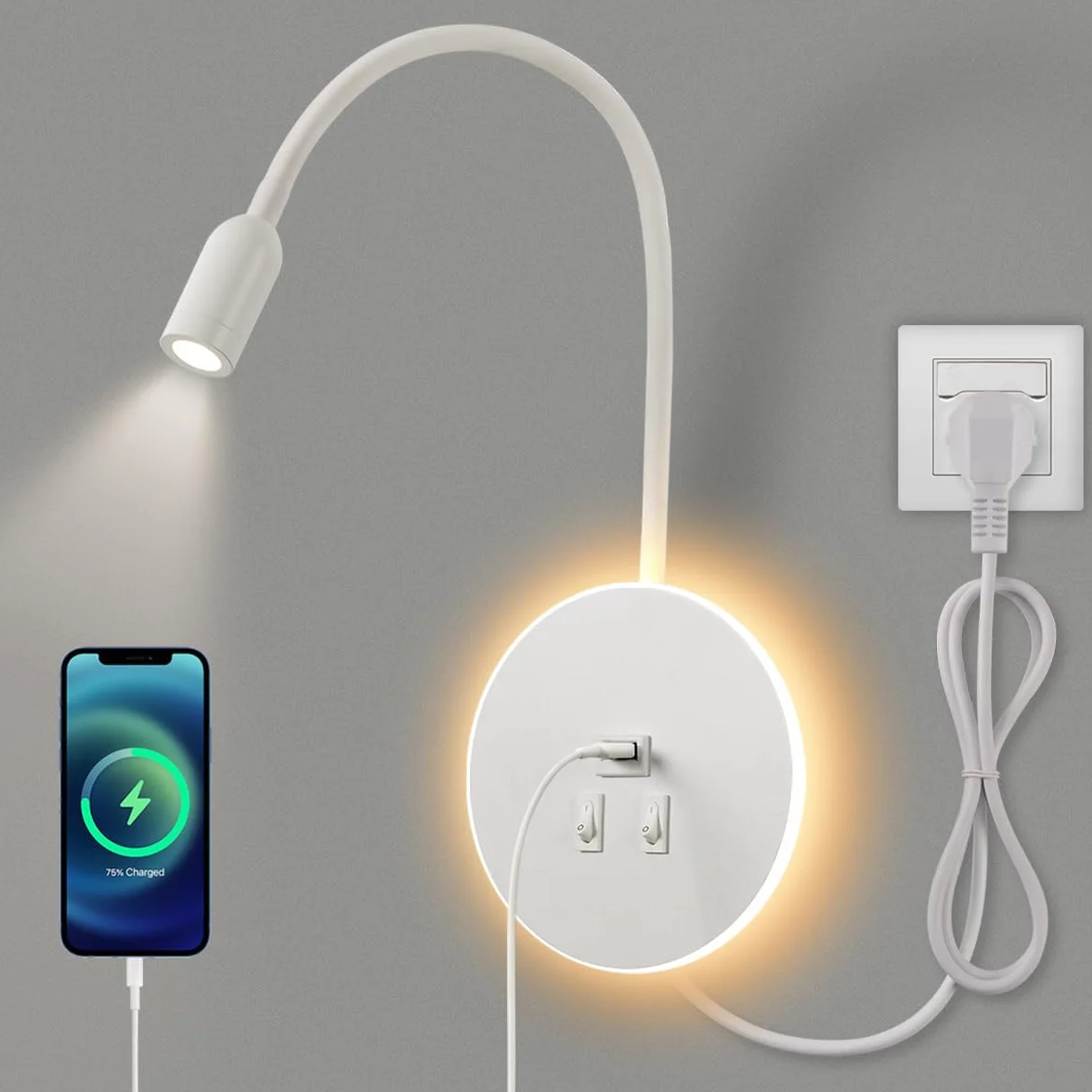 LED Kinkiet, gęsia szyja z Przełącznikiem, z portem ładowania USB, Obrotowa Lampka Nocna Nowoczesna Lampa do Czytania lampki Ścienna, 3W 3000K+8W 6000K do sypialni, Z kablem i wtyczką (Biały)