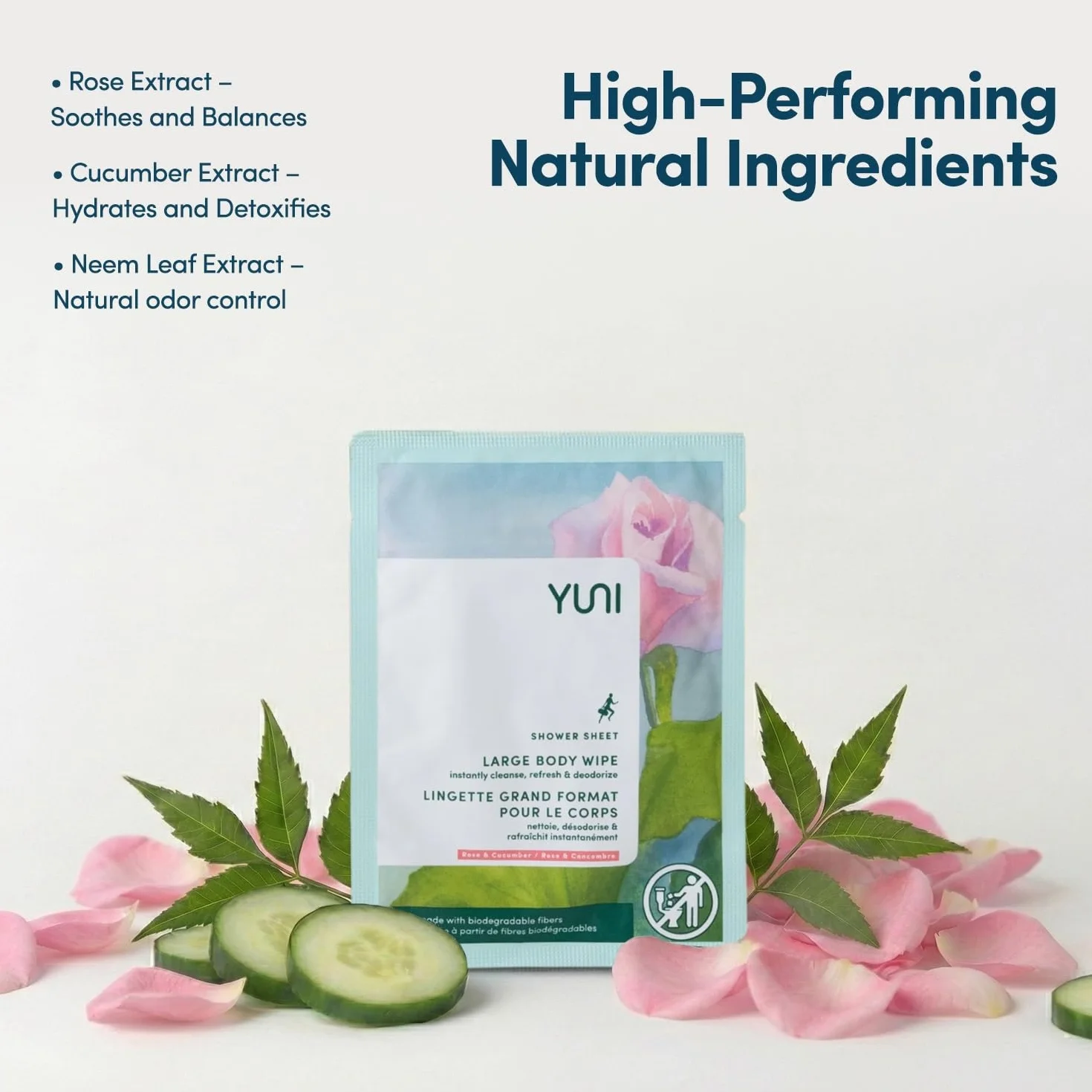 YUNI Beauty Shower Sheets Large Body Wipes, Cucumber Rose, 12 Count