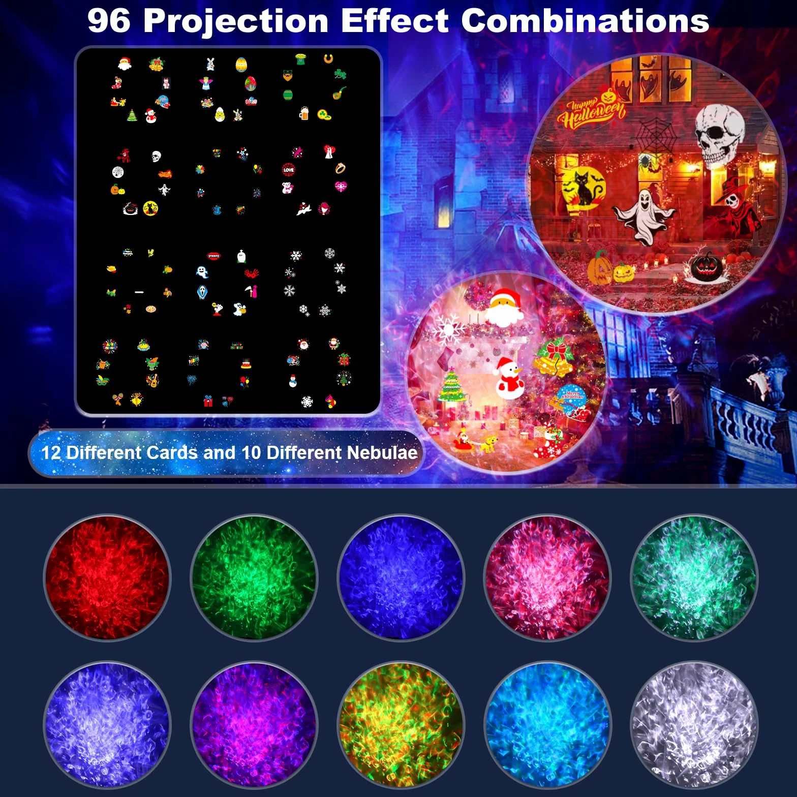 Projektor Holograficzny 2w1 Halloween 12 Slajdów 8 Wzorów 10 Kolorów Efekt Fali Wodoodporna Lampa Timer Dekoracja Okienna