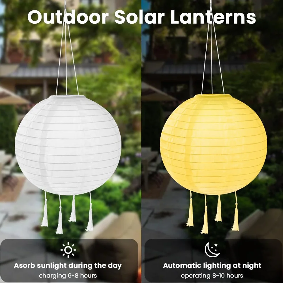 HOTUT Solarne Latarnie Zewnętrzne Odporne na Warunki Atmosferyczne, 2 sztuki 30 cm Solarna Latarnia LED z 4 chwostami, IP65 Wodoodporna Wisząca Latarnia Nylonowa do Ogrodów (Ciepła Biel)