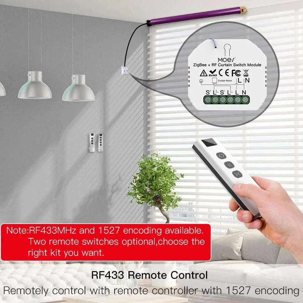 MOES Tuya Zigbee RF433 Inteligentny moduł przekaźnikowy do rolet do silnika rolet, Alexa Google Smart Life 【Wymagany hub Tuya ZigBee】
