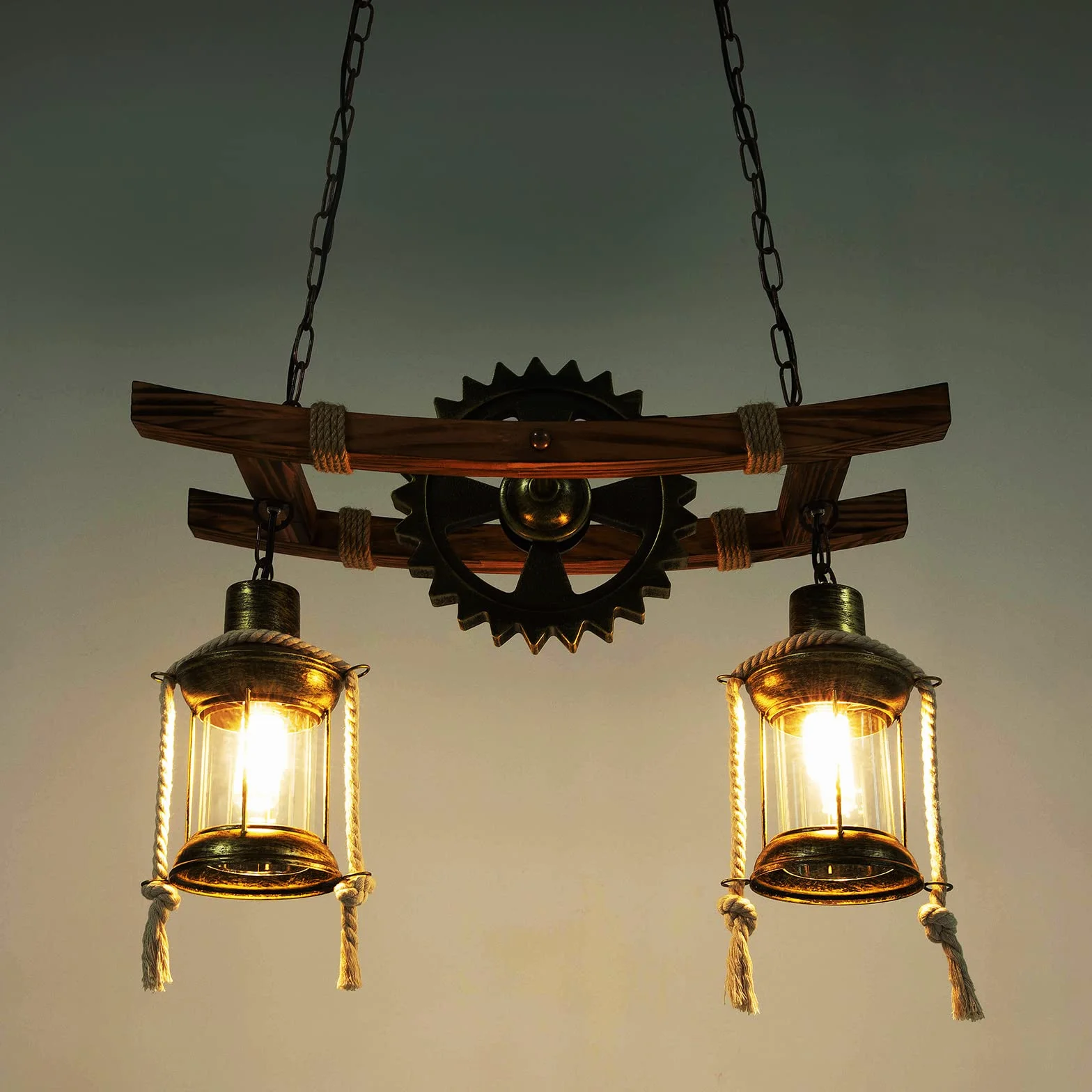 Lampa wisząca w stylu vintage, drewno, industrialny design, retro lampa wisząca z 2 płomieniami, lampa sufitowa E27, styl industrialny, lampa sufitowa do salonu, sypialni, kuchni, kawiarni i