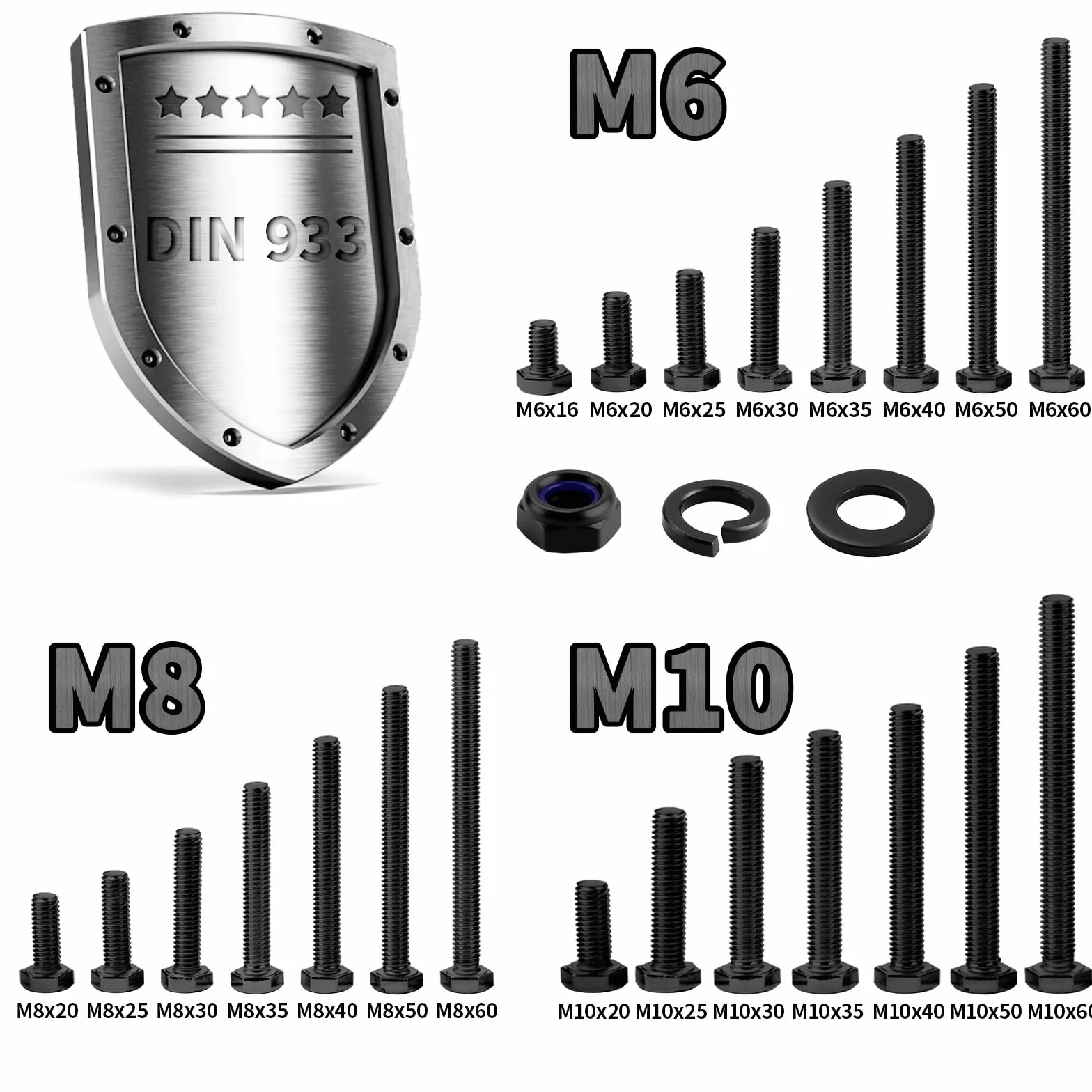 Mbsomnus 20 szt. śrub sześciokątnych M6 x 16 mm, czarne, DIN 933, śruby z łbem sześciokątnym, stal węglowa, sześciokątne z nakrętkami samozabezpieczającymi, podkładkami i pierścieniami sprężynowymi do