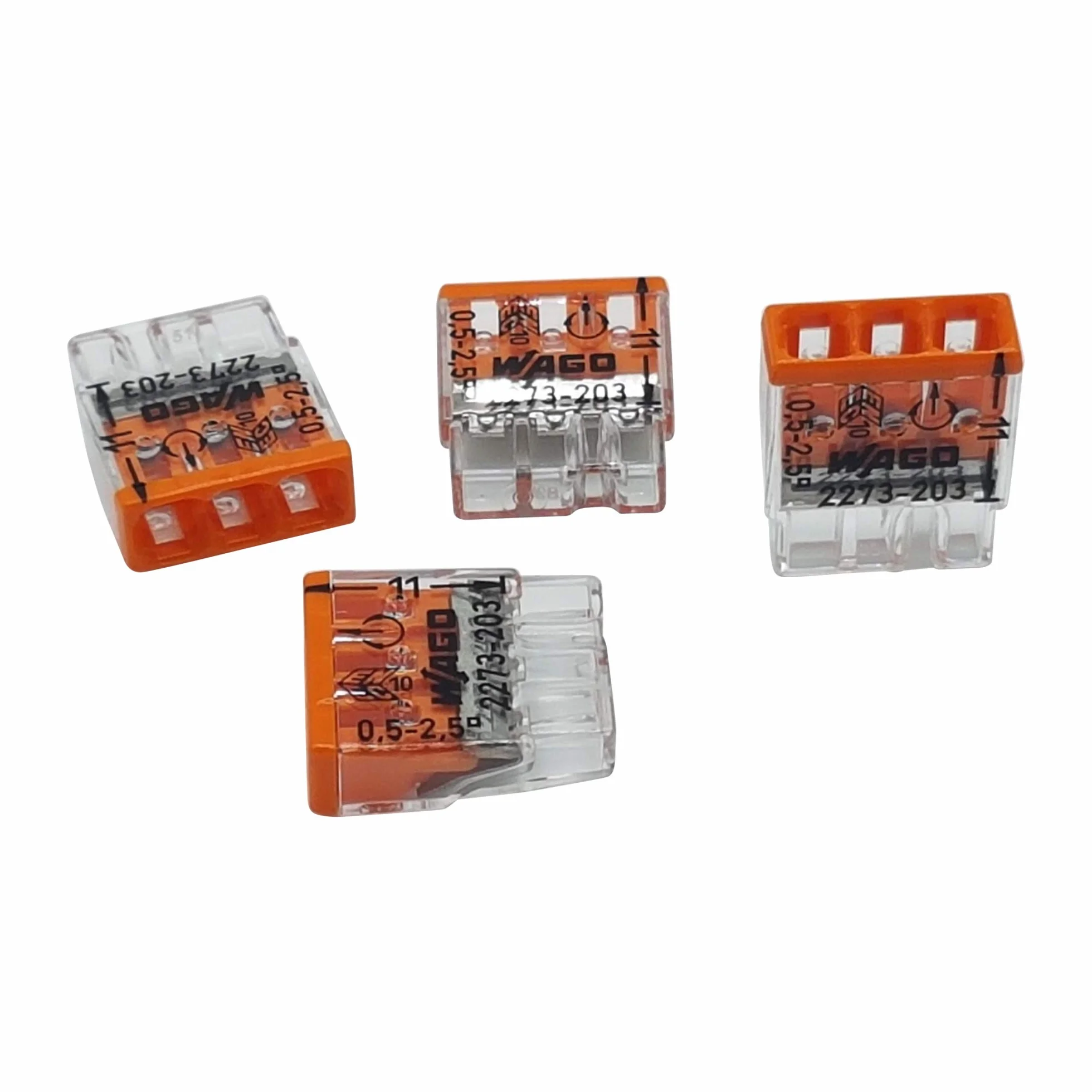 20 sztuk Wago 2273-203 COMPACT zaciski przyłączeniowe Ø 0,5-2,5 mm², 3-biegunowe, przezroczyste/pomarańczowe