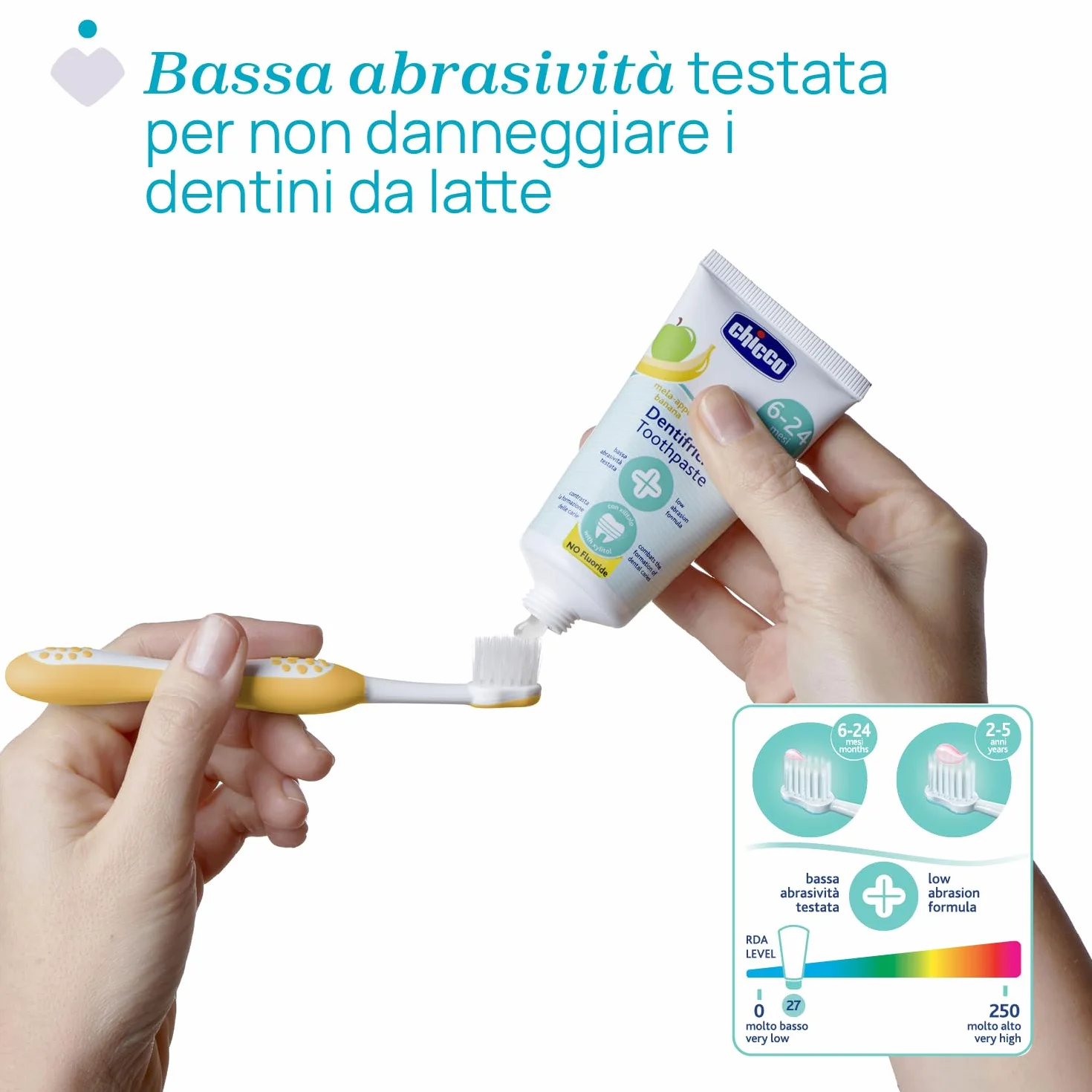 Chicco Pasta do Zębów dla Dzieci Jabłkowo-Bananowa, o Niskiej Ścieralności, Pomaga Zapobiegać Próchnicy Zębów i Usuwać Płytkę Nazębną - 50 ml, 6-24 miesiące