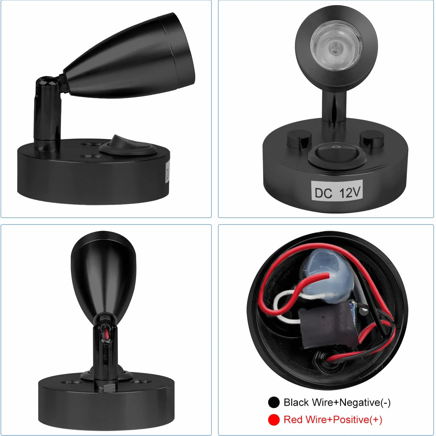 CPROSP 12 V LED punktowa lampka do czytania wewnętrzna, światło LED, regulowany przełącznik, naturalna biel, 220 lm, 60 x 96 mm, czarna, 3000-3500 K