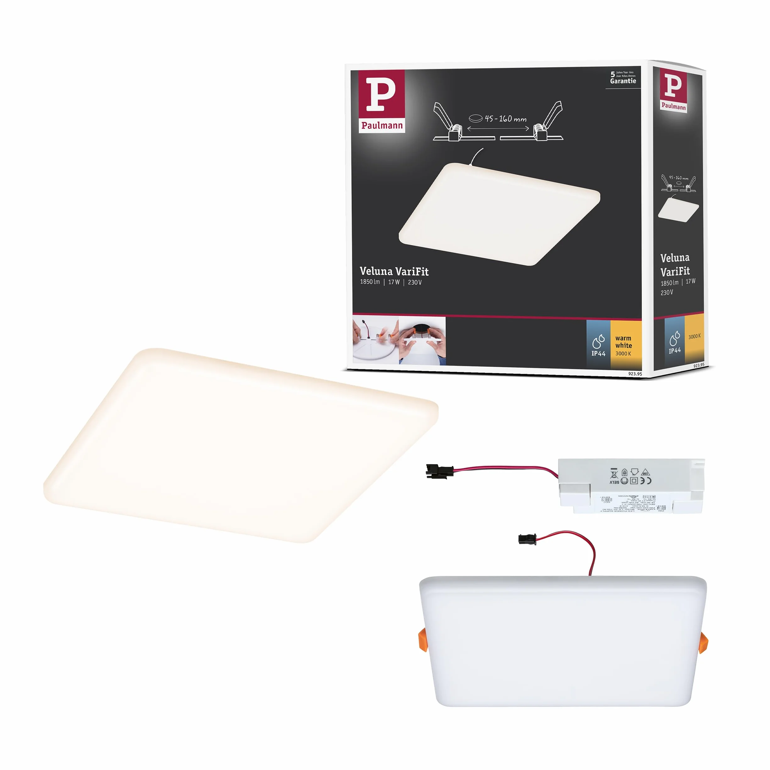 Paulmann 92395 Panel LED, oprawa wpuszczana Veluna VariFit, IP44 185x185mm czworok., w kompl. oprawa sufitowa 1x17 W satyn. tworzywo sztuczne 3000 K