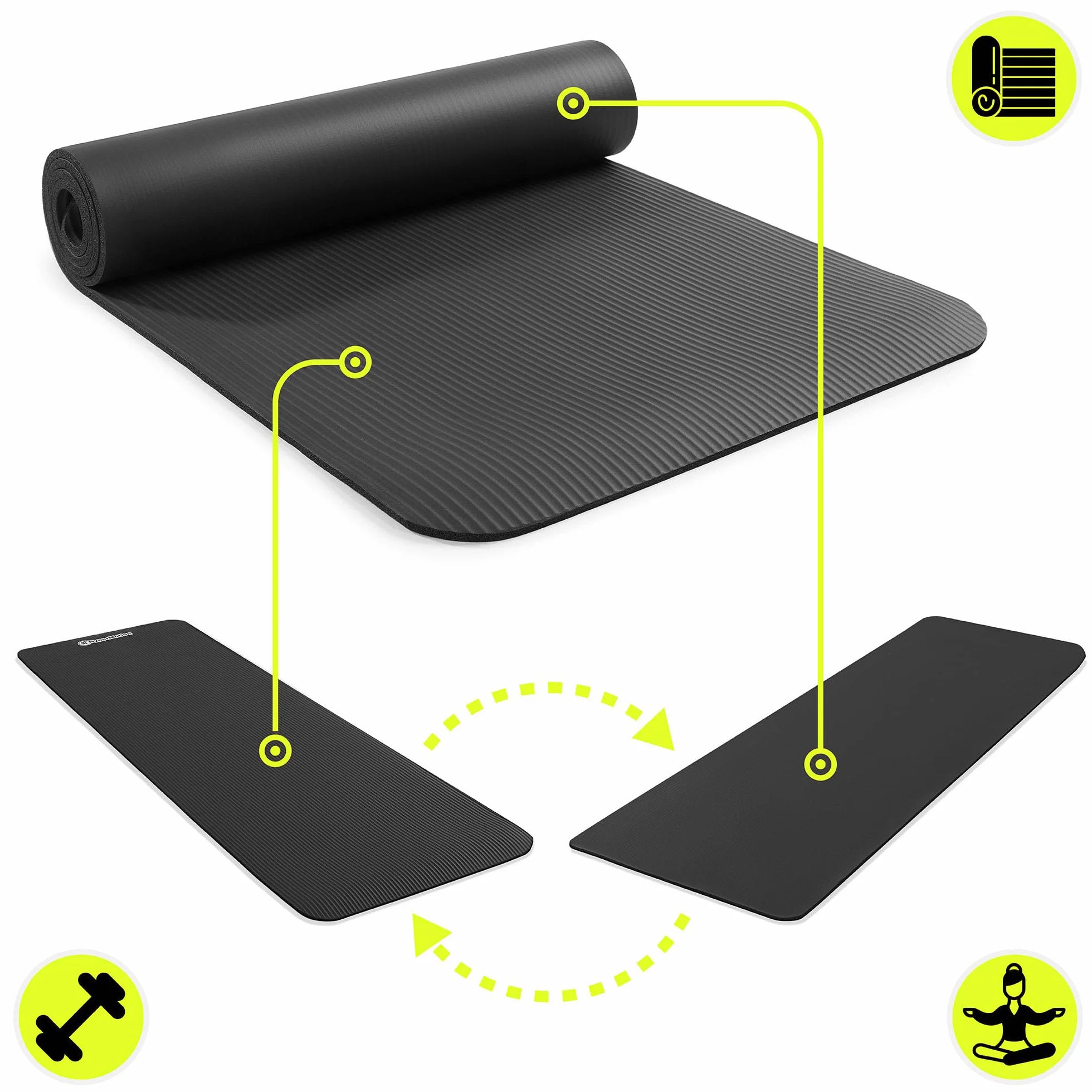 HyperMotion Mata do Ćwiczeń Fitness i Jogi NBR 183x61x0,8 cm Czarna, Antypoślizgowa, 8 mm, z Paskiem do Ćwiczeń i Przenoszenia, do Jogi, Pilatesu i Stretchingu