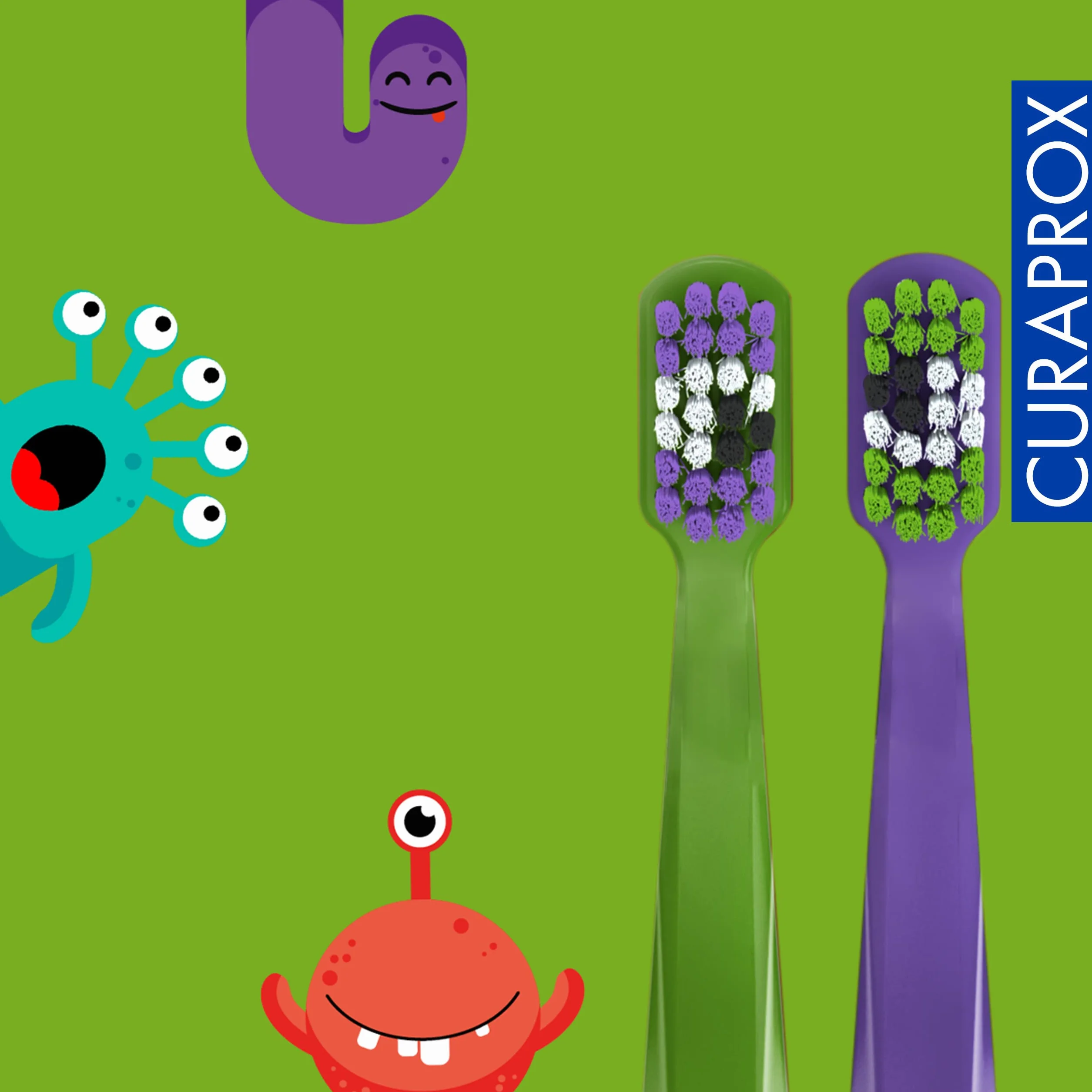 Curaprox CS Kids ręczna szczoteczka do zębów, edycja specjalna: Little Bacterias, 2 sztuki, ultra miękka szczoteczka do zębów dla dzieci